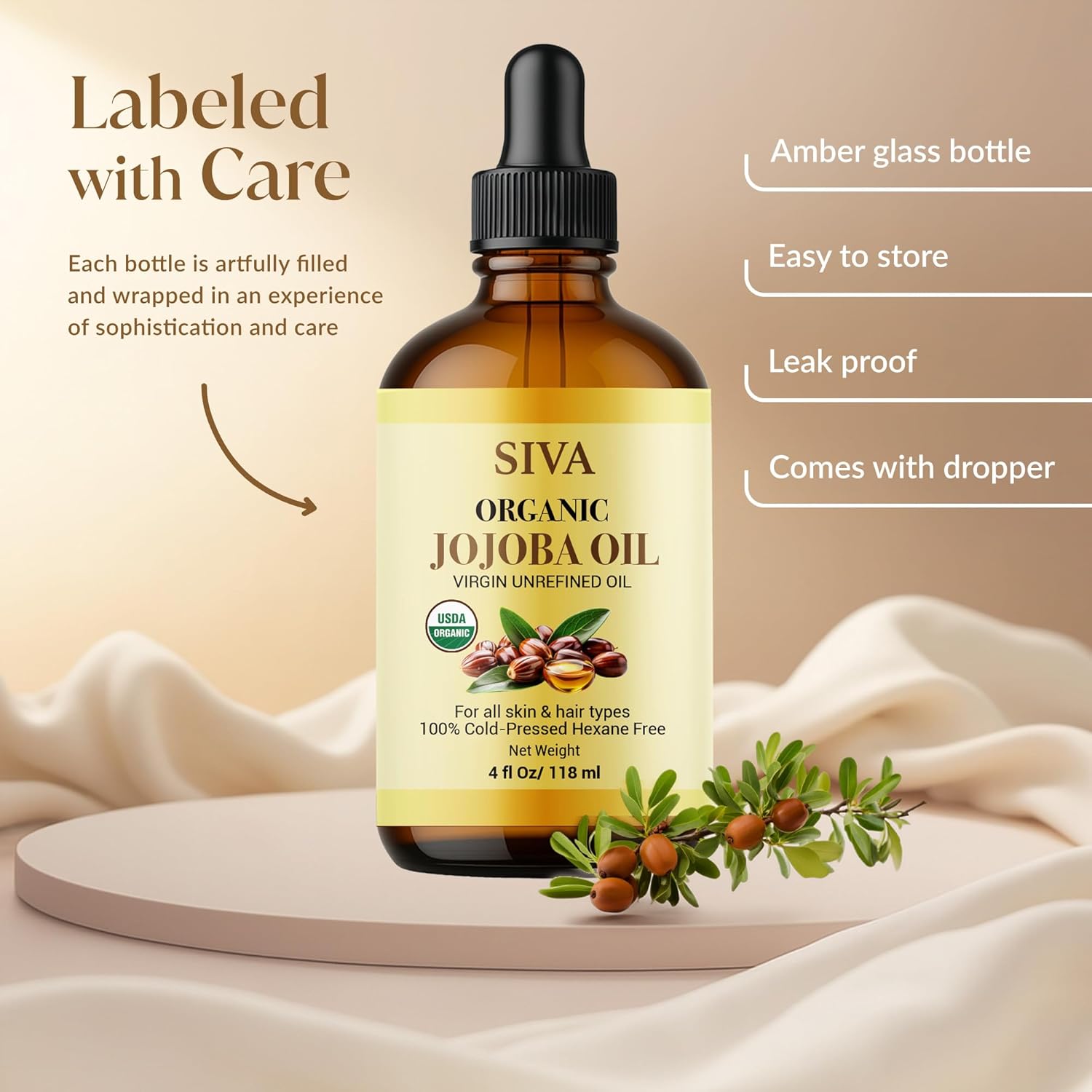 Siva Jojoba Organic Oil 4oz (118ml) Premium Cold-Pressed 100% Natural Organic Carrier Oil with Dropper for Face, Skin Care, Body Massage, Hair Care, Hair Oiling & Scalp Massage