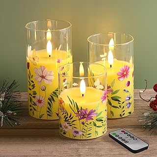 Eywamage Yellow Floral Glass Flameless Candles with Remote, Flickering Spring LED Pillar Candles Battery Operated Home Decor Set of 3