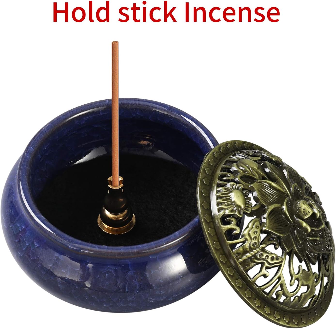 Miupoo Incense Burner and Cone Incense Holder with Brass Incense Stick Holder Ceramic Ash Catcher (Dark Blue)