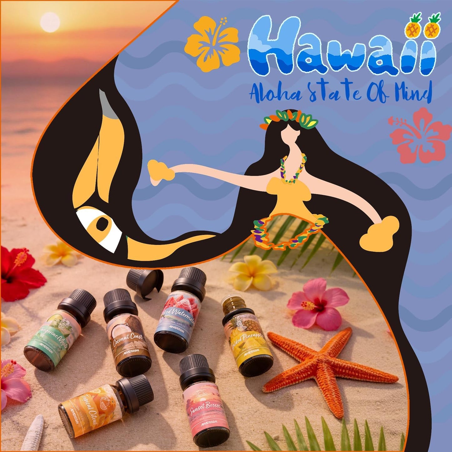 ARVIDSSON Hawaii Fragrance Oil Set, Summer Essential Oils for Diffuser, Tropical Scent Oils - Sunset Breeze, Coconut Coast, Gild Pineapple, Tropical Citrus, Iced Watermelon, Tanderine Mojito