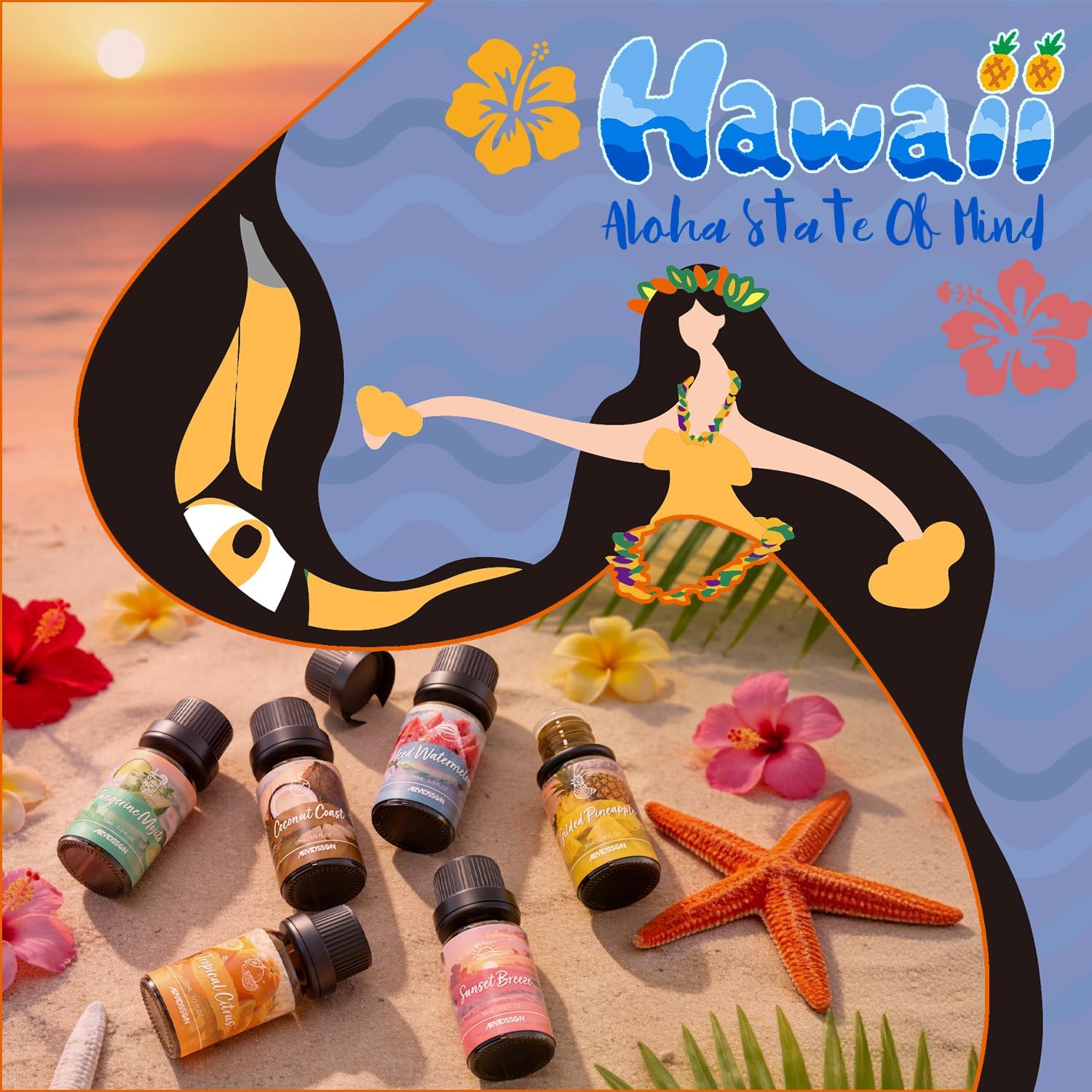 ARVIDSSON Hawaii Fragrance Oil Set, Summer Essential Oils for Diffuser, Tropical Scent Oils - Sunset Breeze, Coconut Coast, Gild Pineapple, Tropical Citrus, Iced Watermelon, Tanderine Mojito