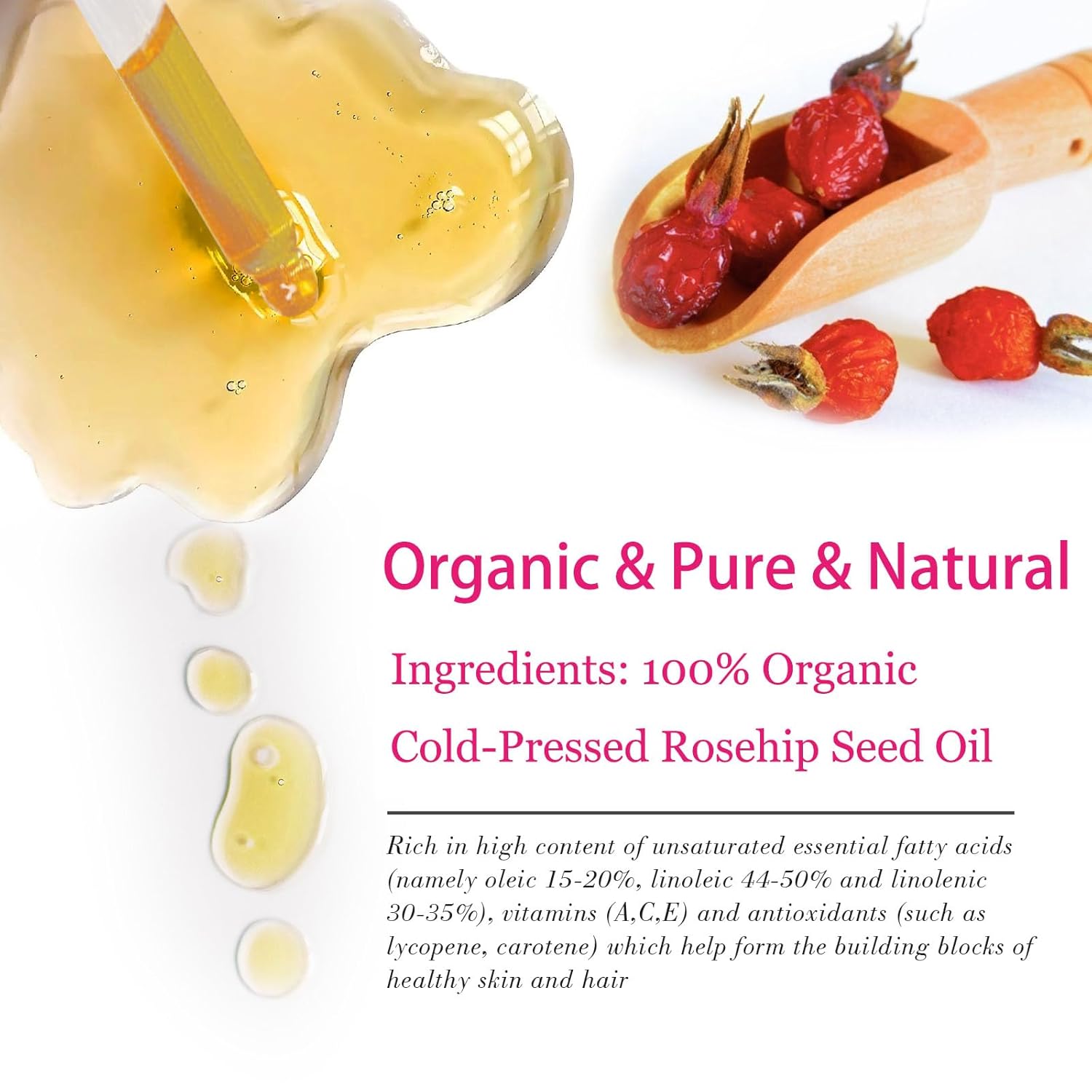Organic Rosehip Seed Oil for Face, USDA Certified, Cold Pressed, Unrefined, 100% Pure Natural Rose Hip Oil for Anti-Aging, Acne Scar Treatment, Skin & Hair Care, Gua Sha Massage, 1 fl.oz / 30ml