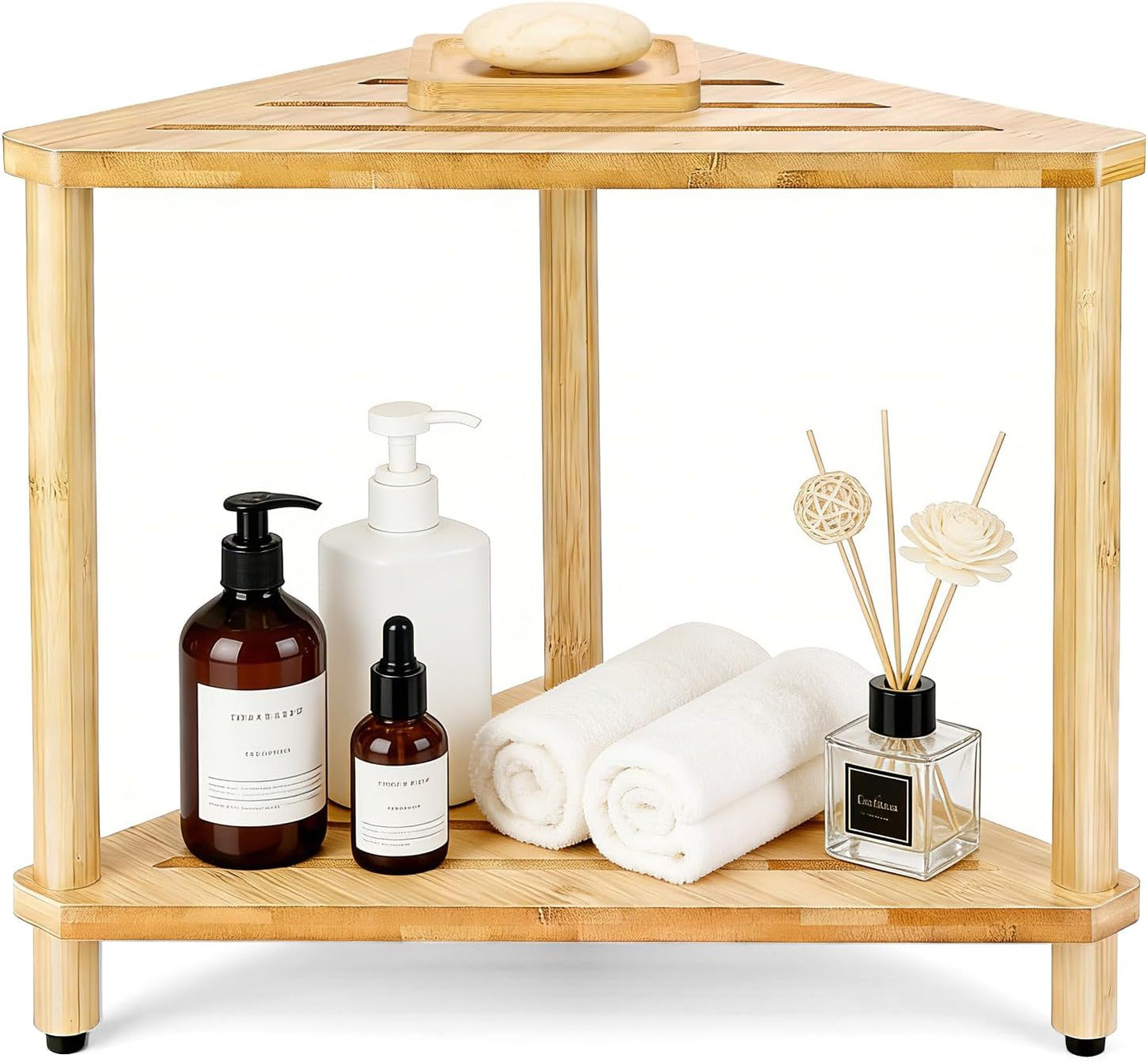 Bamboo Corner Shower Stool with Soap Dish, Waterproof Bath Bench Seat for Shaving Legs Inside Shower, 2-Tier Height Adjustable Foot Rest with Storage Shelf, Corner Bench for Women