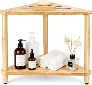 Bamboo Corner Shower Stool with Soap Dish, Waterproof Bath Bench Seat for Shaving Legs Inside Shower, 2-Tier Height Adjustable Foot Rest with Storage Shelf, Corner Bench for Women