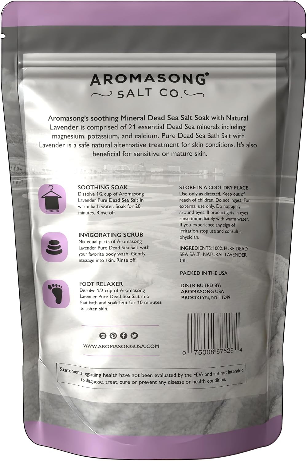 Aromasong Pure Dead Sea Salt for Soaking with 100% Natural Lavender, 5 LB - Spa Bath Salt Fine Grain - Body Wash Scrub - Soak for Women & Men- Bulk Resealable Pack (Packaging May Vary)