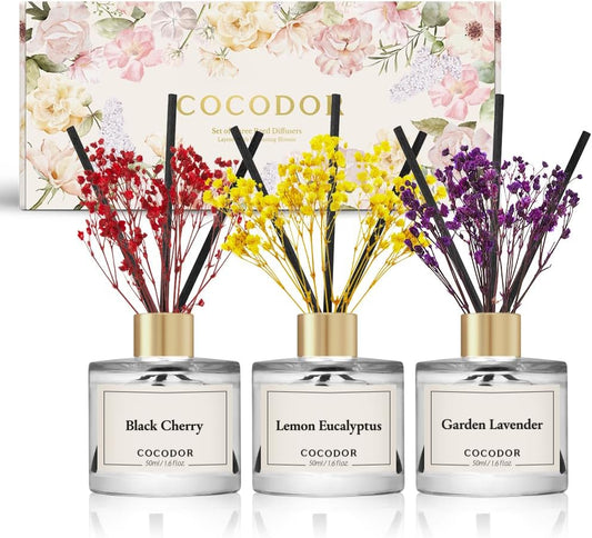 COCODOR Real Flower Reed Diffuser Set of 3/Black Cherry