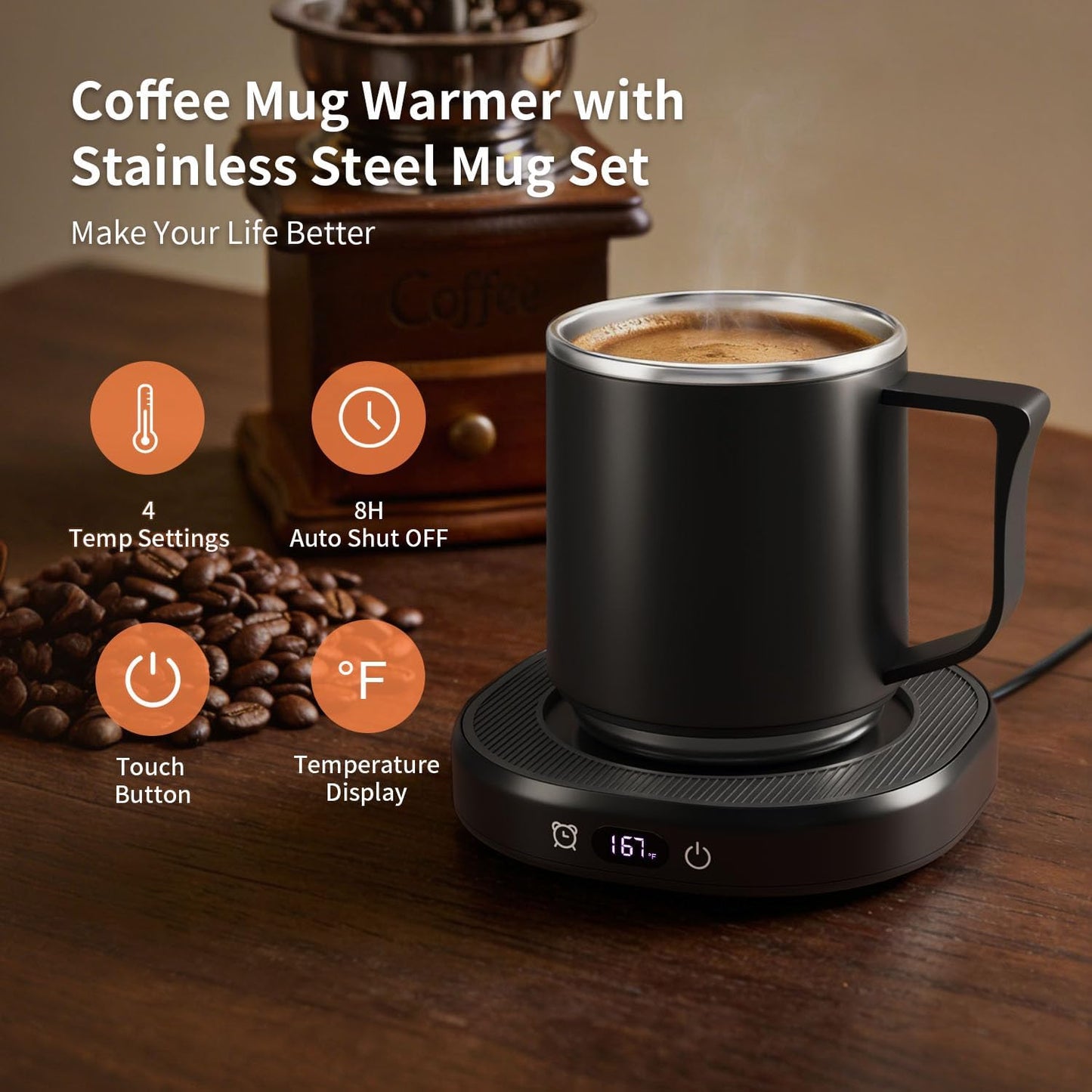 Coffee Mug Warmer & Mug Set, Electric Beverage Milk Tea Water Cup Warmer for Desk, Candle Warmer Plate with 4 Temp. Setting, Auto Shut Off for Home Office Birthday Present