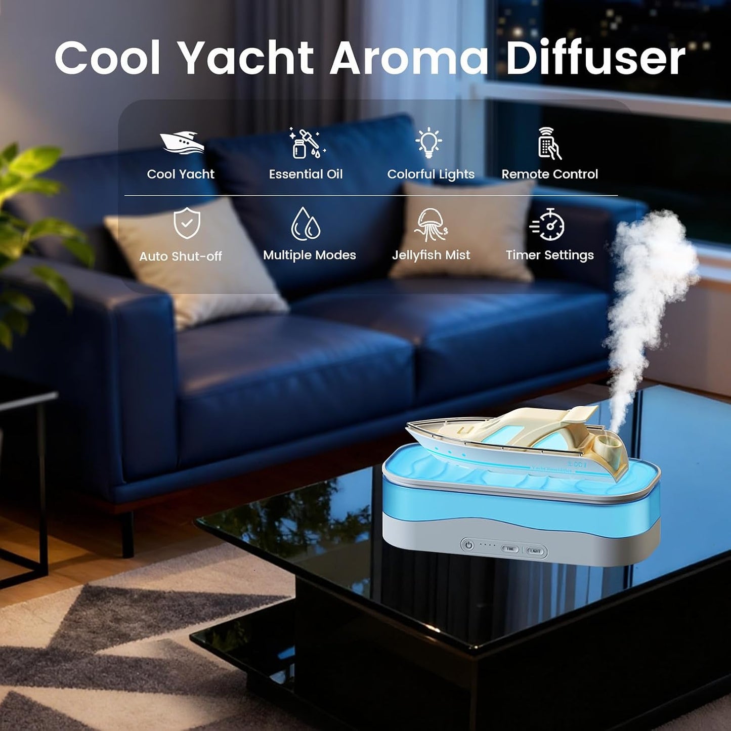 Essential Oil Diffuser, Cool Yacht Aromatherapy Diffuser with 7 Colors Light, 150ml Ultrasonic Cool Mist Humidifier with Auto-Off & Timer, 3 Modes Air Diffusers for Home,Bedroom,Office,Yoga (White)