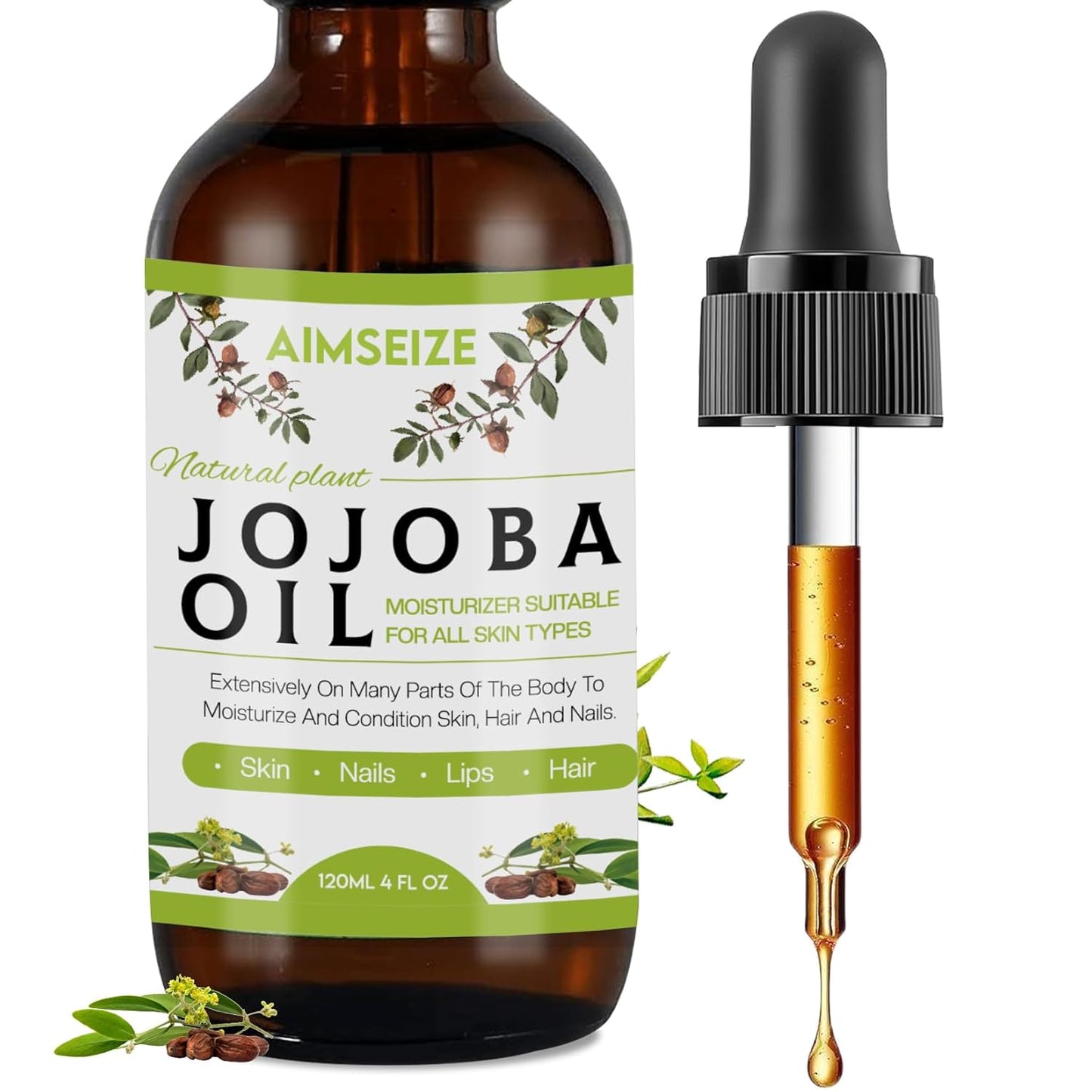 AIMSEIZE Jojoba Oil Organic (4oz), 100% Pure Stimulate Growth for Hair & Eyebrows, Moisturizing Massage Oil for Face, Hair, Skin & Nails