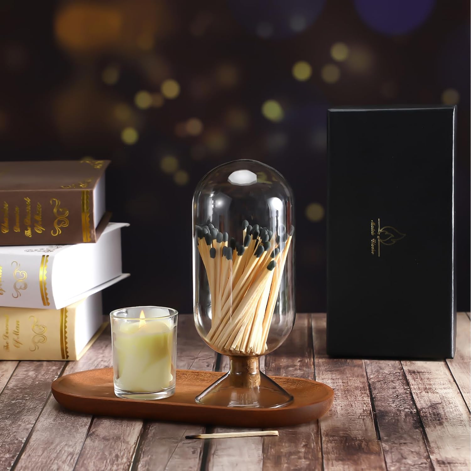 Qinyoung Smoke Gray Glass Match Cloche Holder Decorative Matches Jar Gift Set Fireplace Display Decor with Black Gift Box White Raffia, Not Include Sticks, 2.95 x 7 Inch