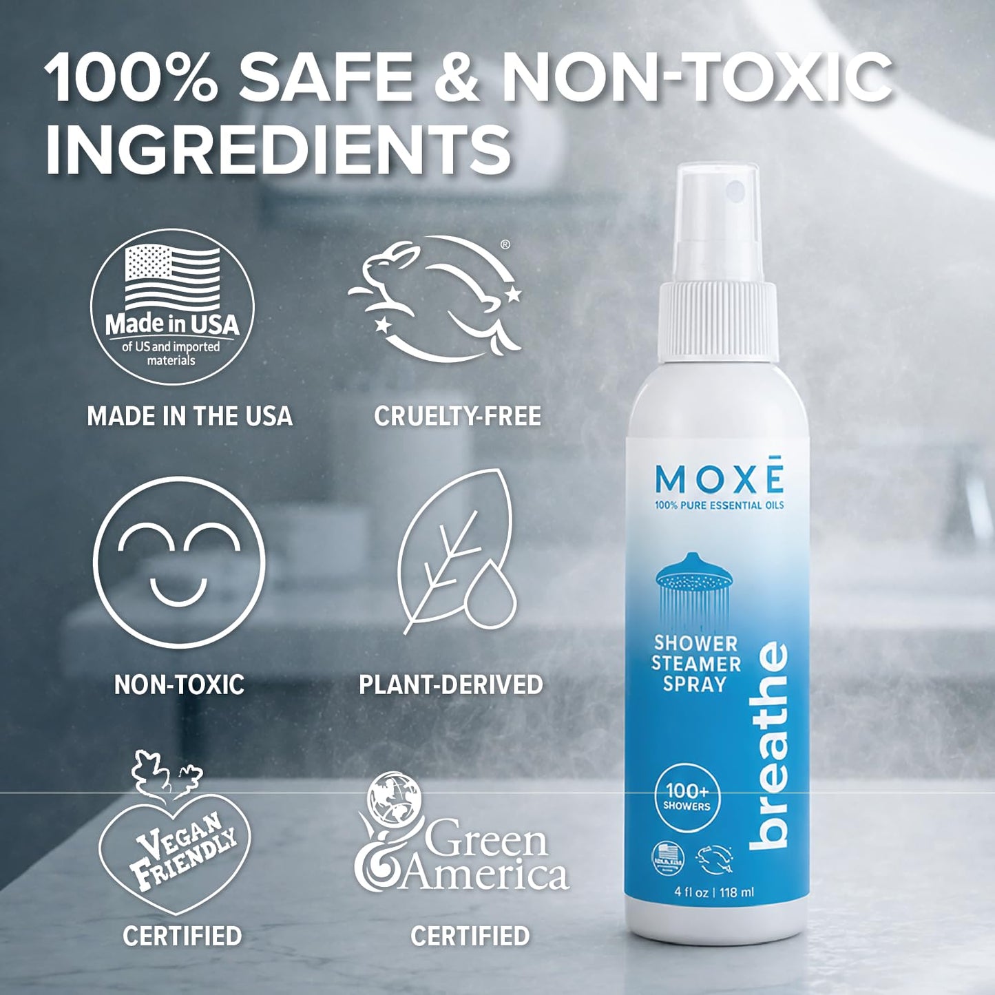 MOXE Breathe Shower Mist, Eucalyptus and Peppermint, Spa Steam Spray, Certified Natural 100% Essential Oils, Made in USA, Aromatherapy, Sinus Congestion Relief, Tension Relief, 4 Ounces (1 Pack)