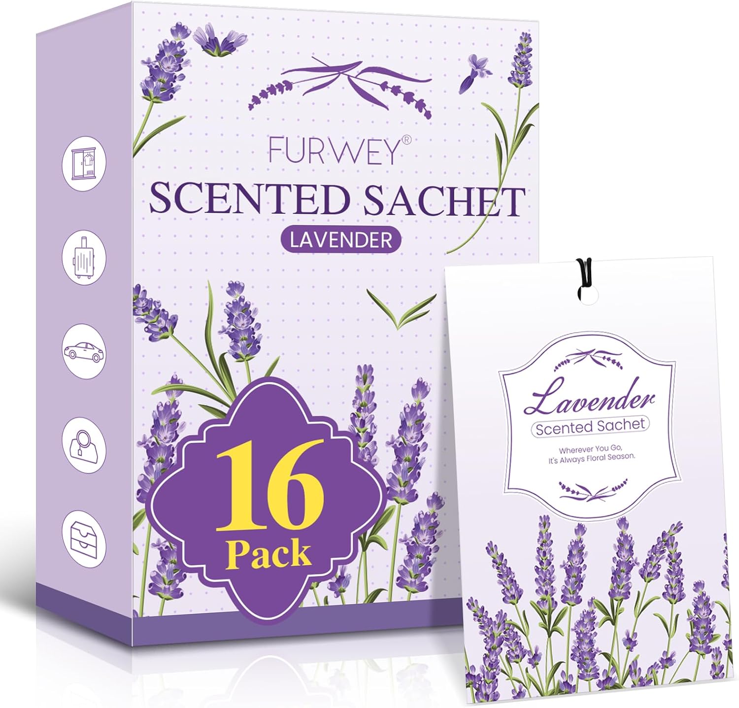 FURWEY 16 Packs Lavender Scented Sachets for Drawers and Closets,Long Lasting Sachet Bag Room Car Odor Deodorizer Fresh Scent Home Fragrance