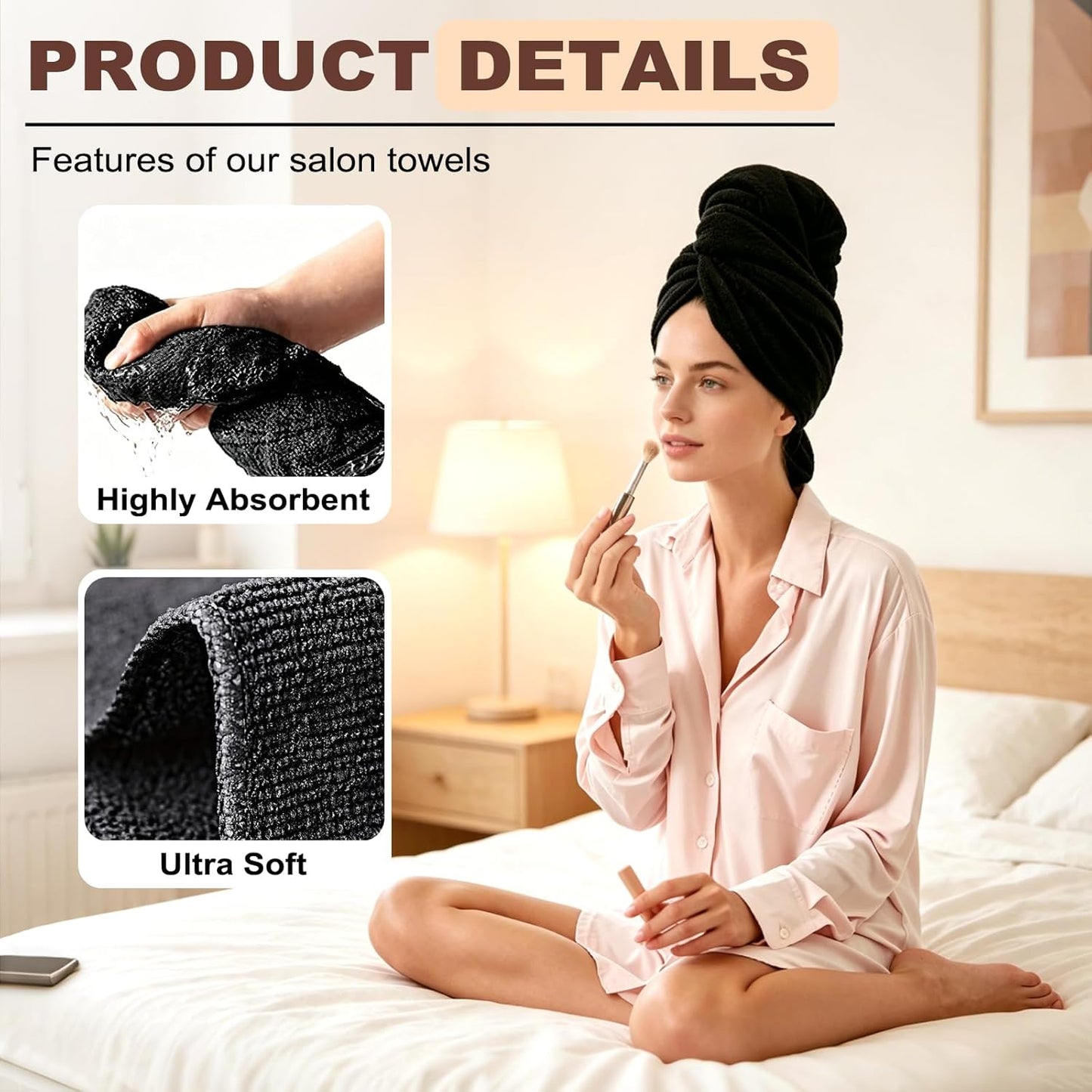 Puomue 6 Pack Black Salon Towels, Super Soft and Absorbent Microfiber Hair Towel for Salon, Bath, Spa, Pool and Home, 27 inch X 16 inch, Black