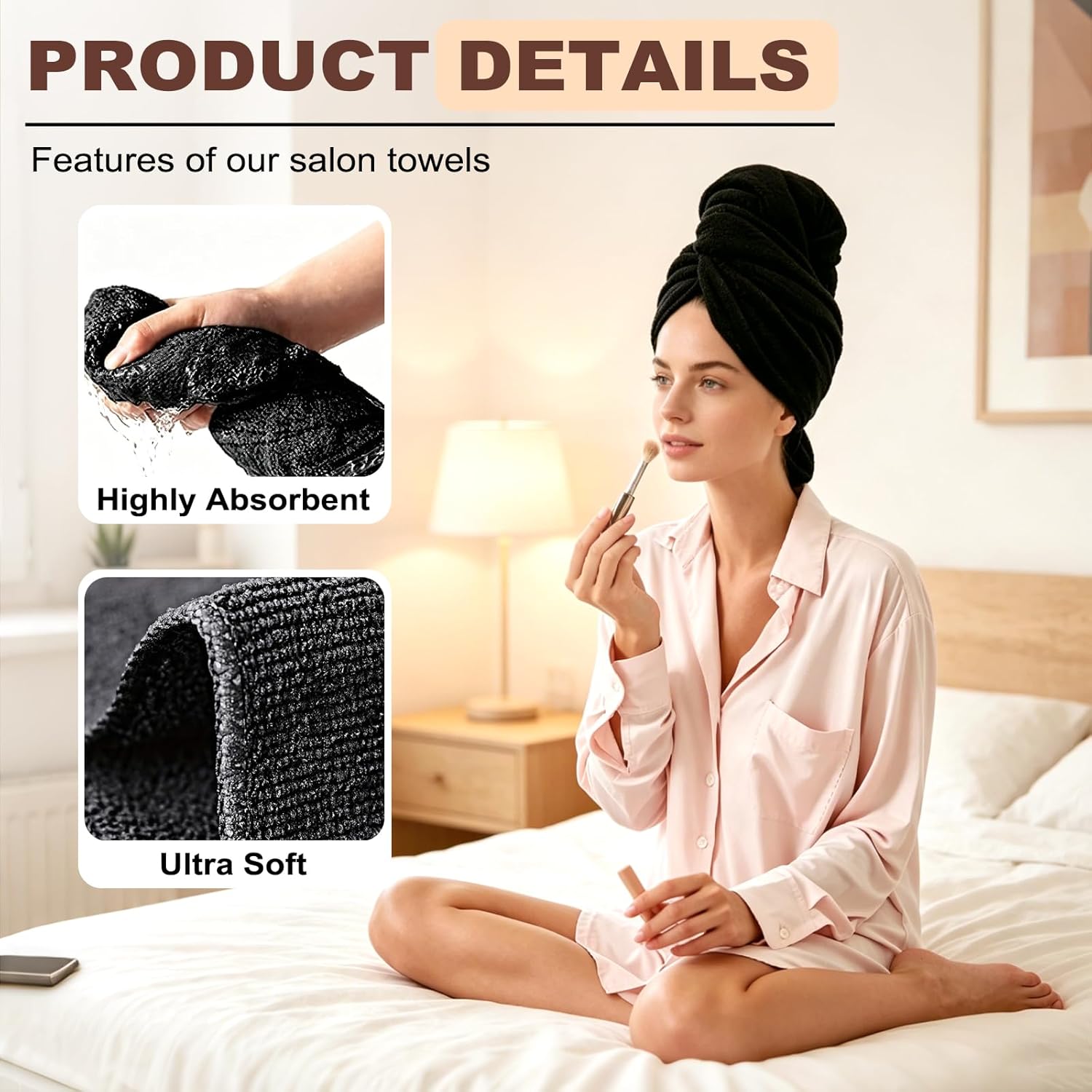 Puomue 6 Pack Black Salon Towels, Super Soft and Absorbent Microfiber Hair Towel for Salon, Bath, Spa, Pool and Home, 27 inch X 16 inch, Black