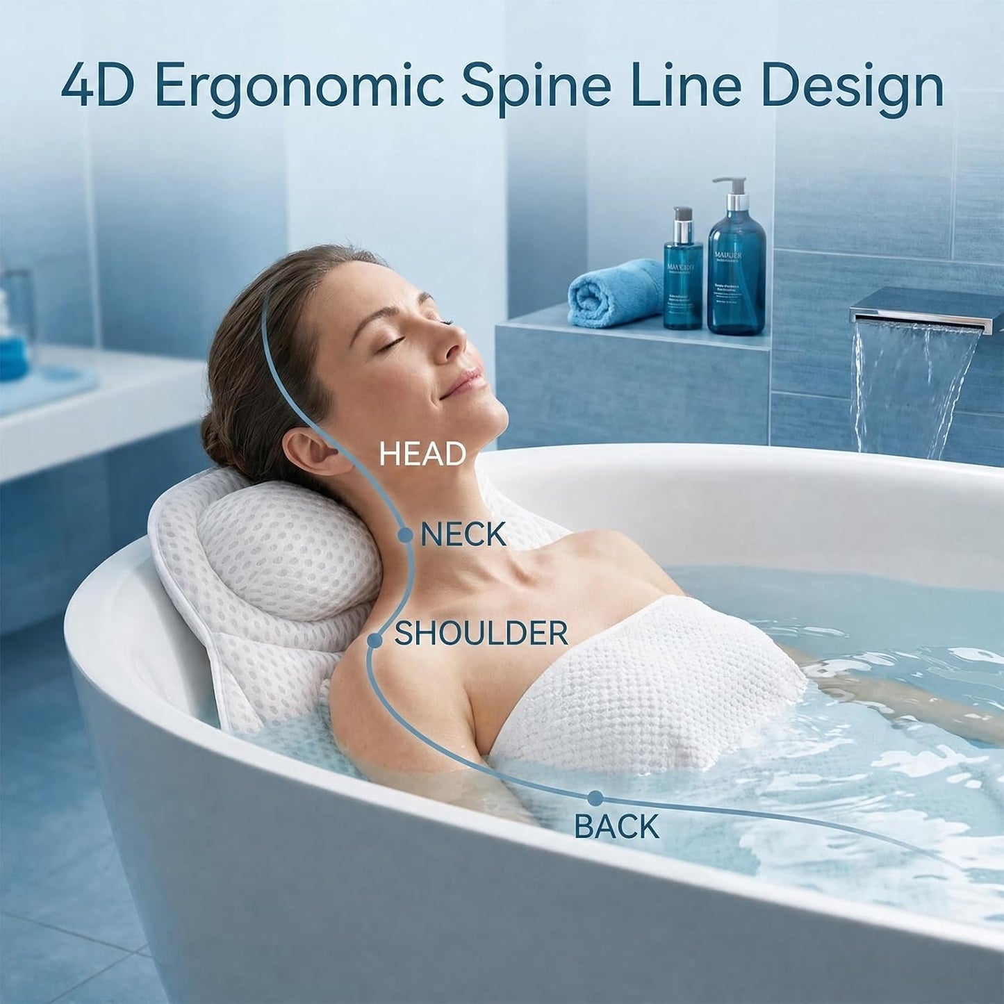 Luxury Bath Pillow for tub Supporting Head, Neck and Back, Ergonomic 4D Air Mesh Bathtub Cushion with 6 Non-Slip Suction Cups and Drying Hook for Soaking Tub and Home Spa Relaxation