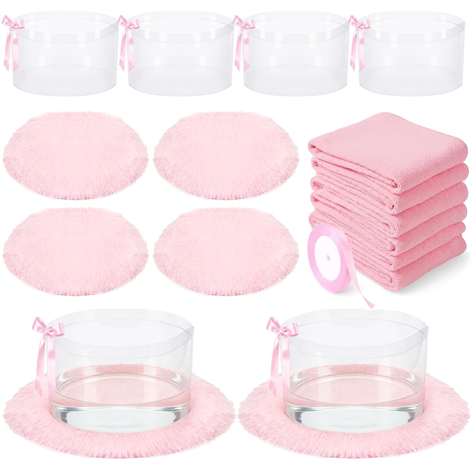 HunnmingRe 18 Pcs Foot Spa Kit for Pink Spa Sleepover Party Supplies with 6 Foldable Foot Soaking & 6 Towels & 6 Floor Mats Matching Ribbon for Women Gift