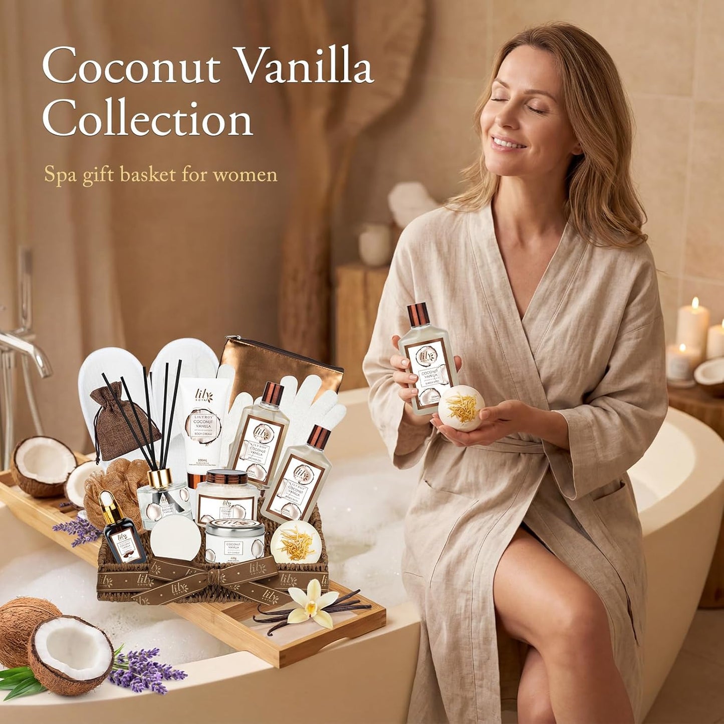 Coconut Vanilla Spa Gift Set, Complete Spa Bath Gift Basket for Women & Men