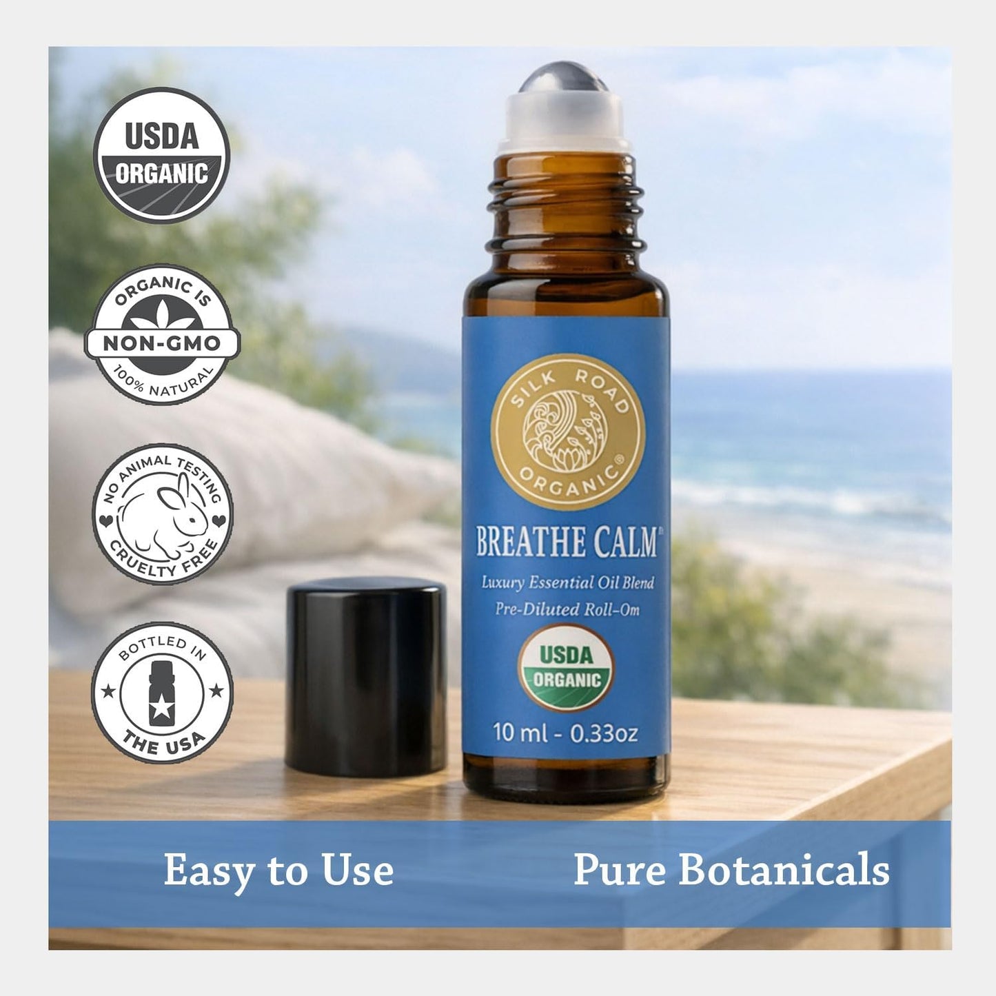 Silk Road Organic Breathe Calm Essential Oil Breathe Easy Blend Roll On, 100% Pure USDA Certified Aromatherapy for Cold, Cough, Congestion, Allergy & Sinus Relief - 10 ml Roller
