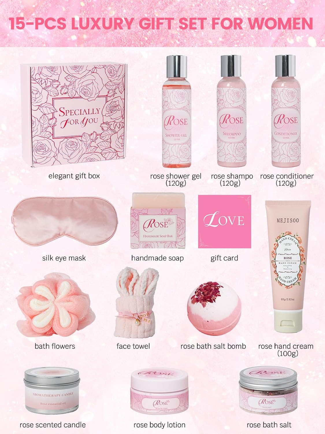 15Pcs Rose Spa Bath & Body Care Set with Bath Bombs & Lotions, Relaxing Home Spa Gift Kit for Mom Wife Girlfriend, Ideal for Mother’s Day Birthday Women Gift Sets