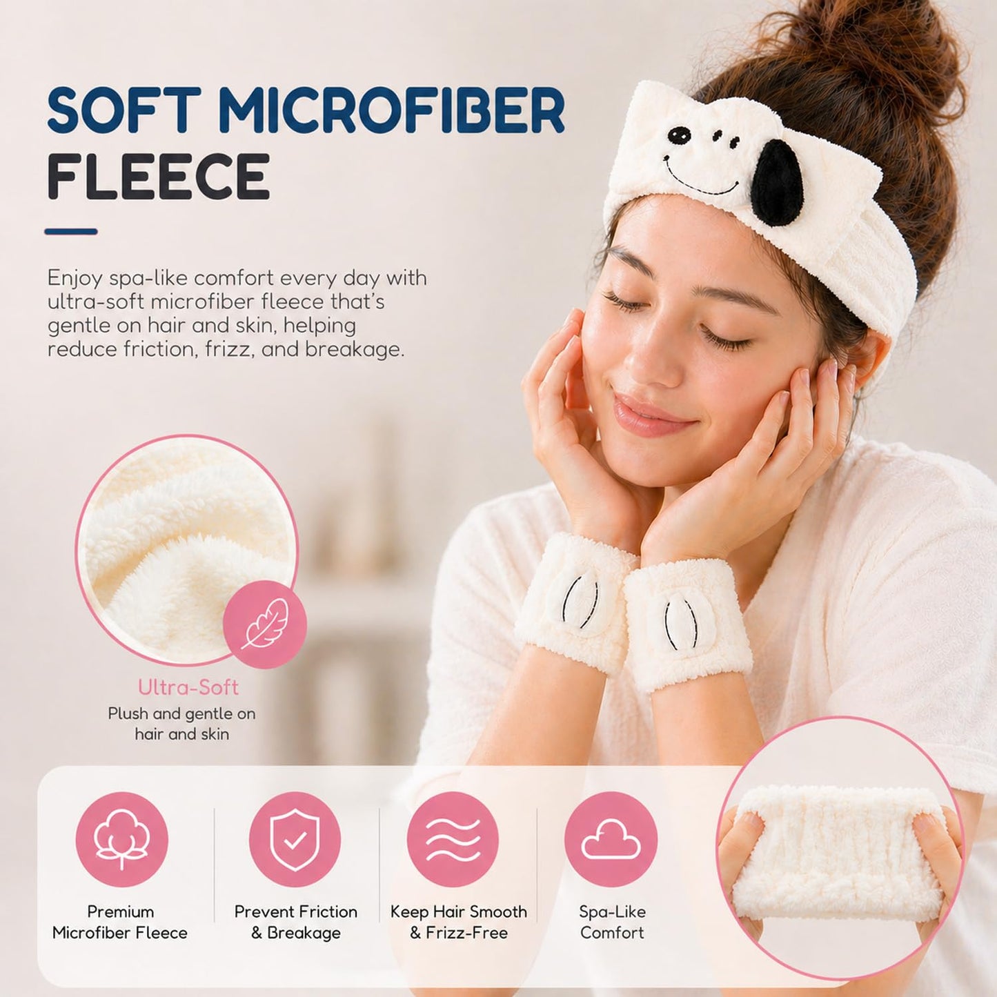 CELAVI Peanuts Snoopy Spa Headband and Face Wash Wristbands Set - Soft Skincare Makeup Hair Band, Microfiber Fleece, White