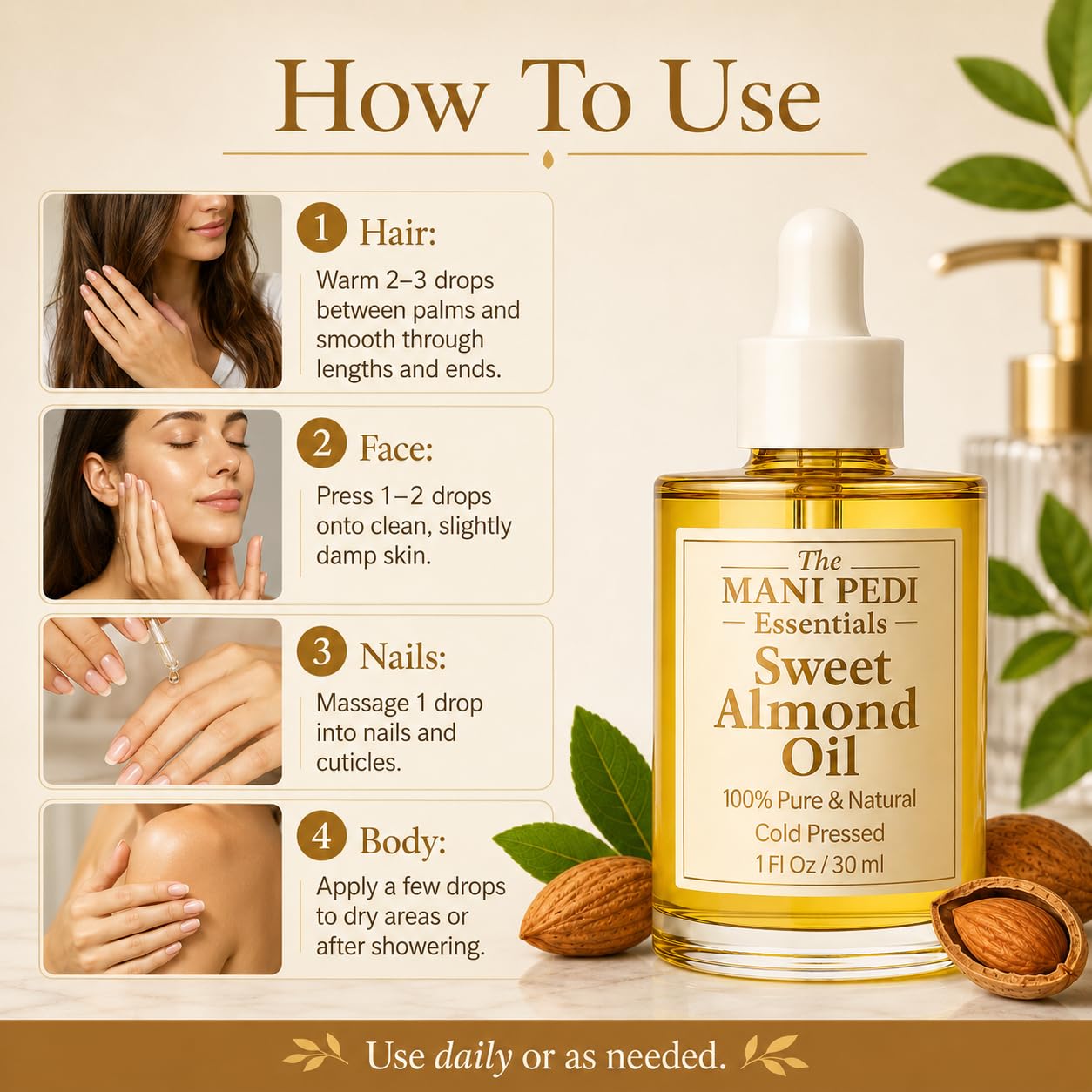 TMPE 100% Pure, Organic Sweet Almond Oil. Cold Pressed Natural Moisturizing Oil for Hair, Skin & Body - 1 Fl Oz