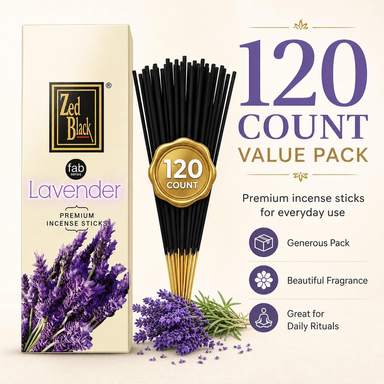Lavender Incense Sticks 120 Count | Natural Hand-Rolled Aromatherapy Incense for Relaxation, Stress Relief, Meditation, Yoga & Prayer | Long-Lasting Soothing Aroma | Zed Black