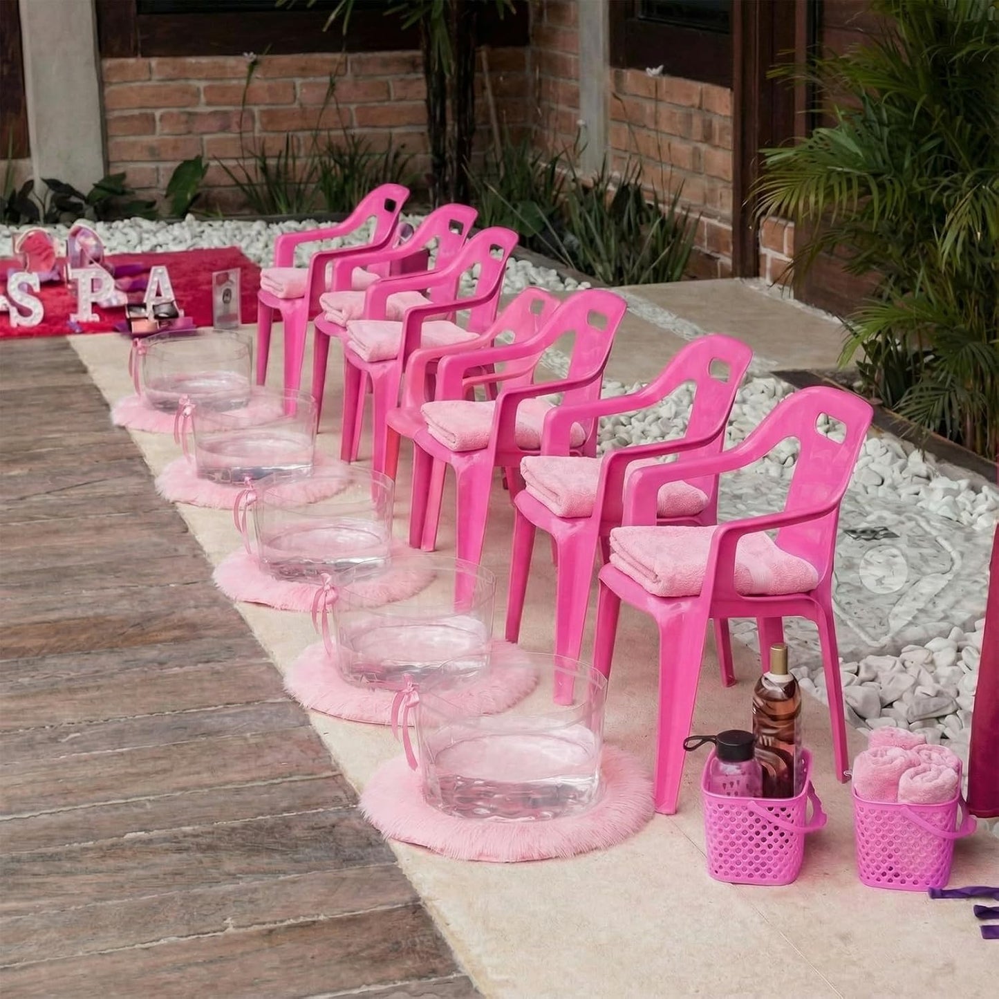 HunnmingRe 18 Pcs Foot Spa Kit for Pink Spa Sleepover Party Supplies with 6 Foldable Foot Soaking & 6 Towels & 6 Floor Mats Matching Ribbon for Women Gift