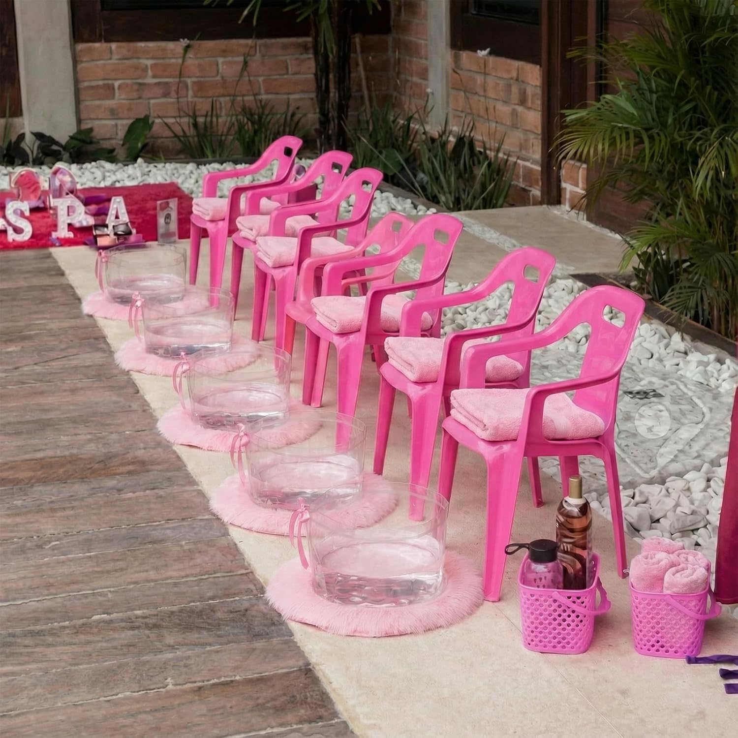 HunnmingRe 18 Pcs Foot Spa Kit for Pink Spa Sleepover Party Supplies with 6 Foldable Foot Soaking & 6 Towels & 6 Floor Mats Matching Ribbon for Women Gift