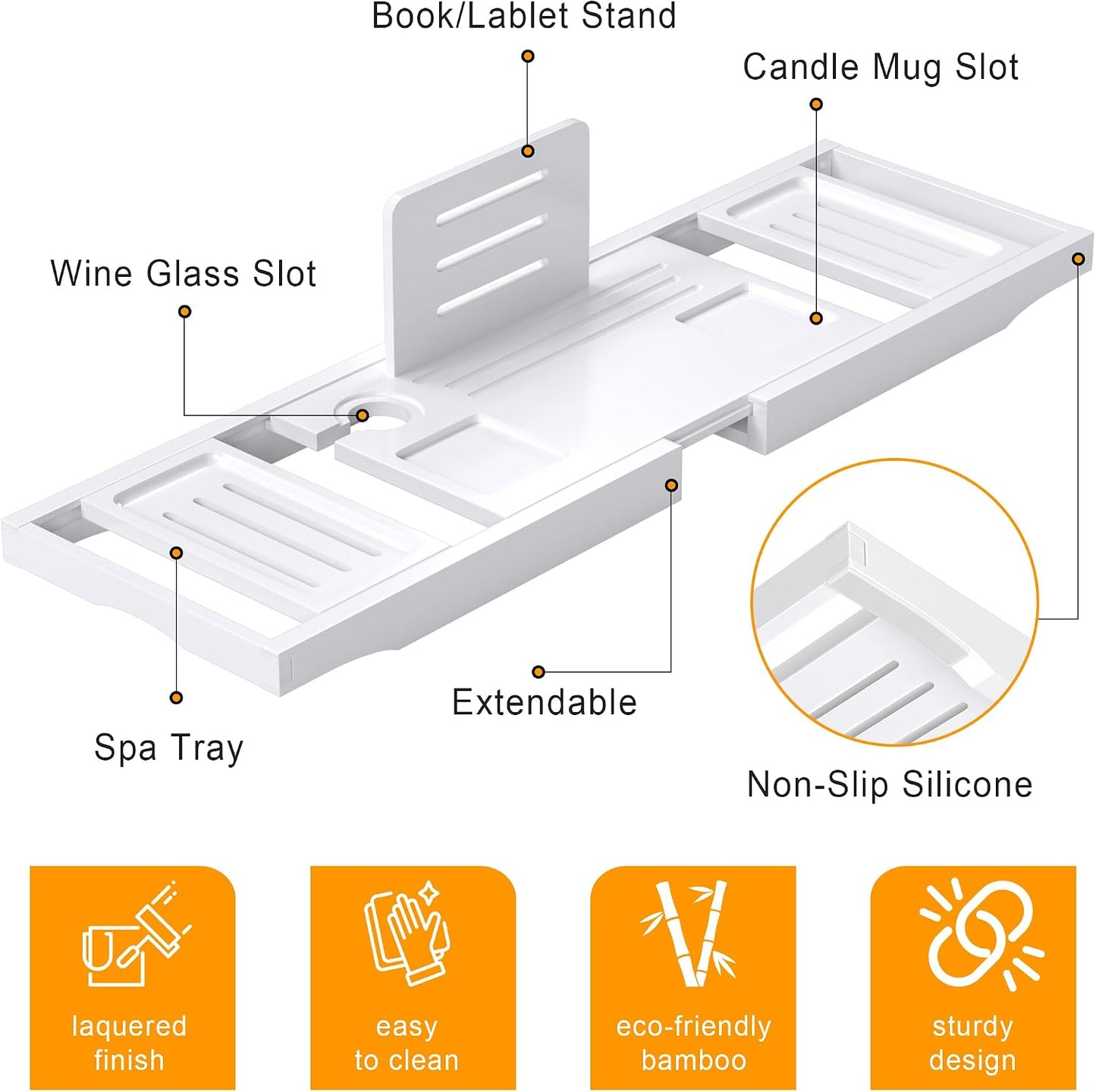 Bathtub Tray Caddy,Premium Bamboo Expandable Bath Tub Trays Table, Foldable Bathroom Accessories,Great House Warming, Anniversary and Birthday Gifts,White
