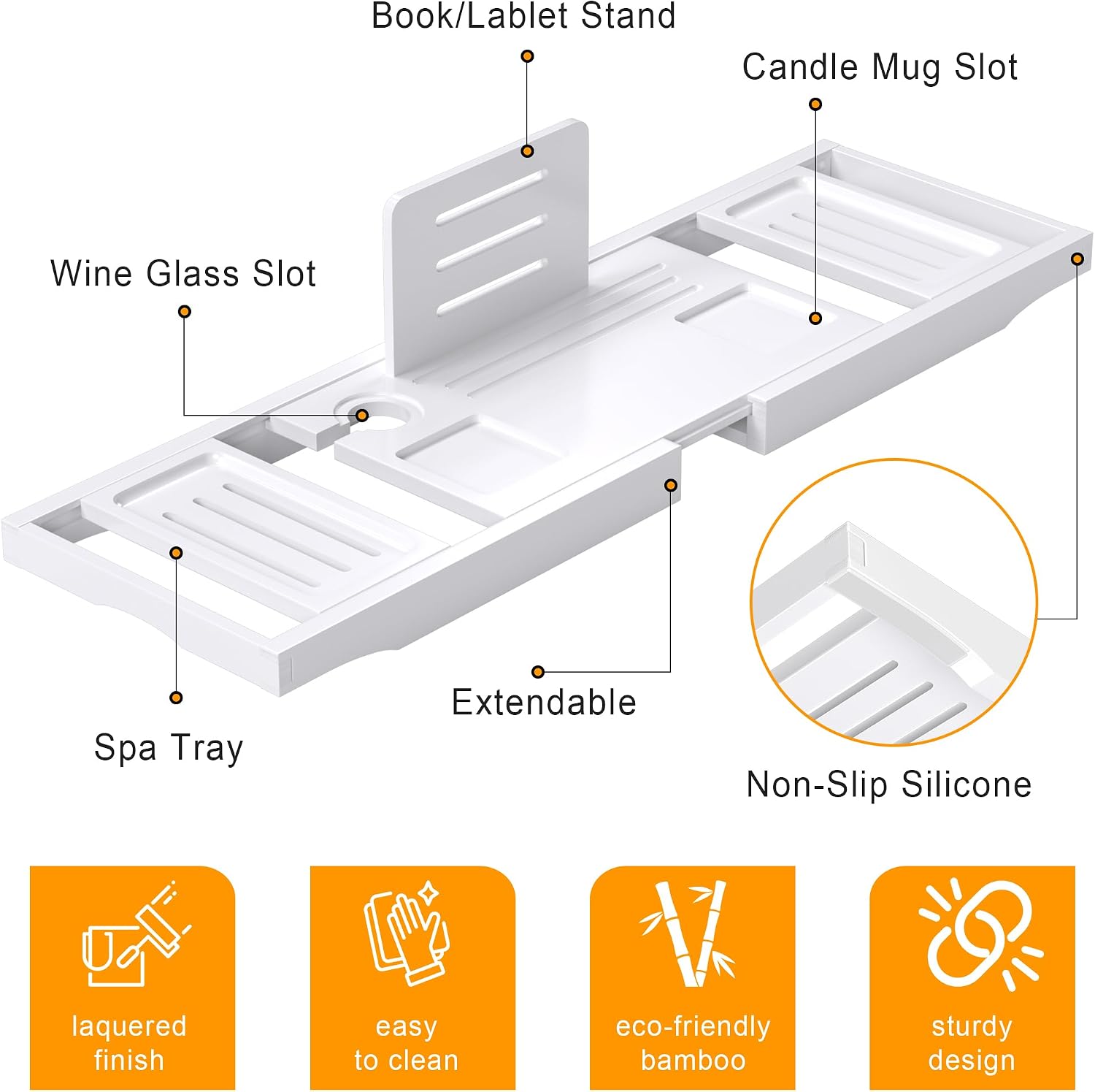 Bathtub Tray Caddy,Premium Bamboo Expandable Bath Tub Trays Table, Foldable Bathroom Accessories,Great House Warming, Anniversary and Birthday Gifts,White