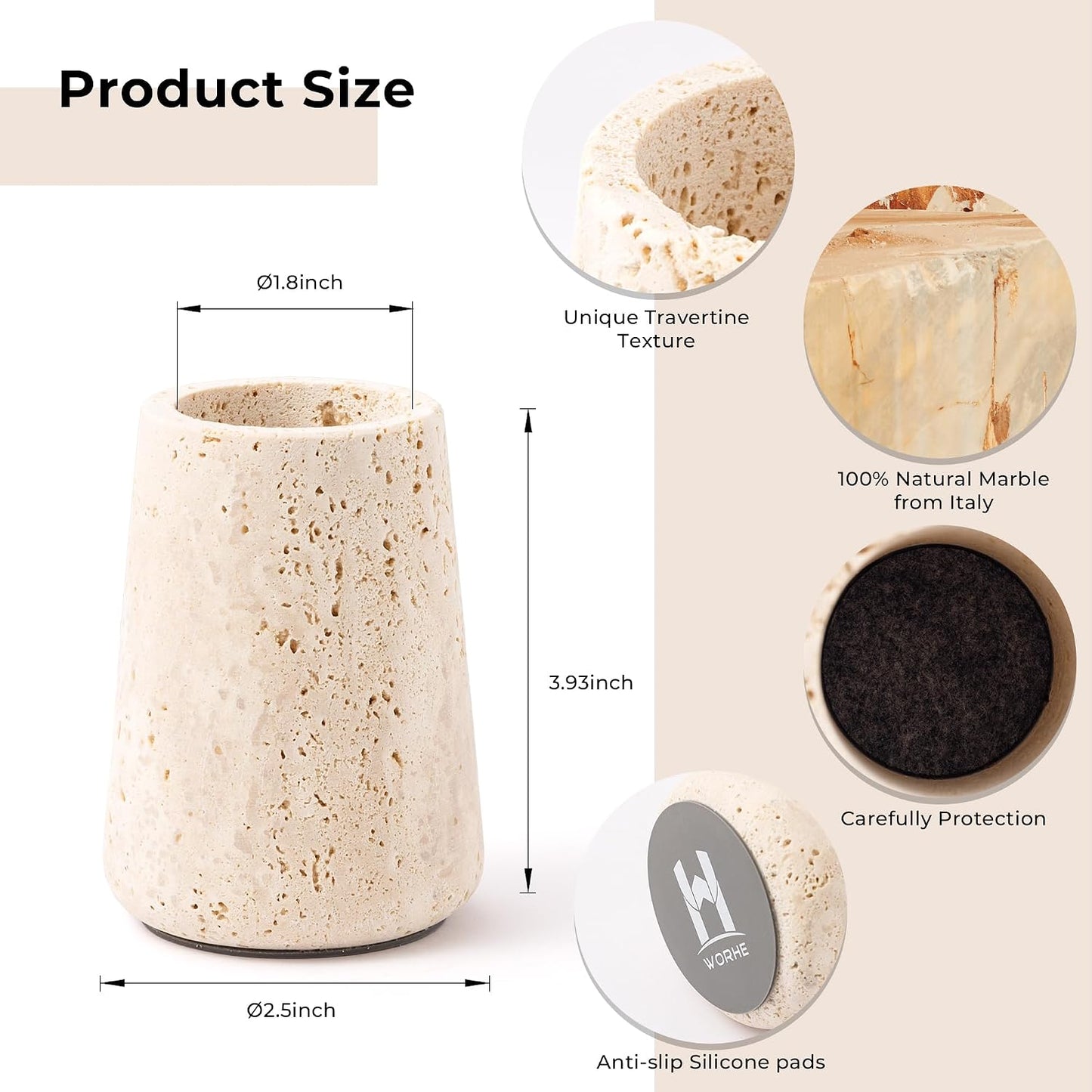 Travertine Match Holder with Striker & Extra Striker Pad - 2.9" x 3.9" Large Decorative Matchstick Organizer for Fireplace, Candles, Parlor Match Jar for Home Decor Gift, Matches Not Included