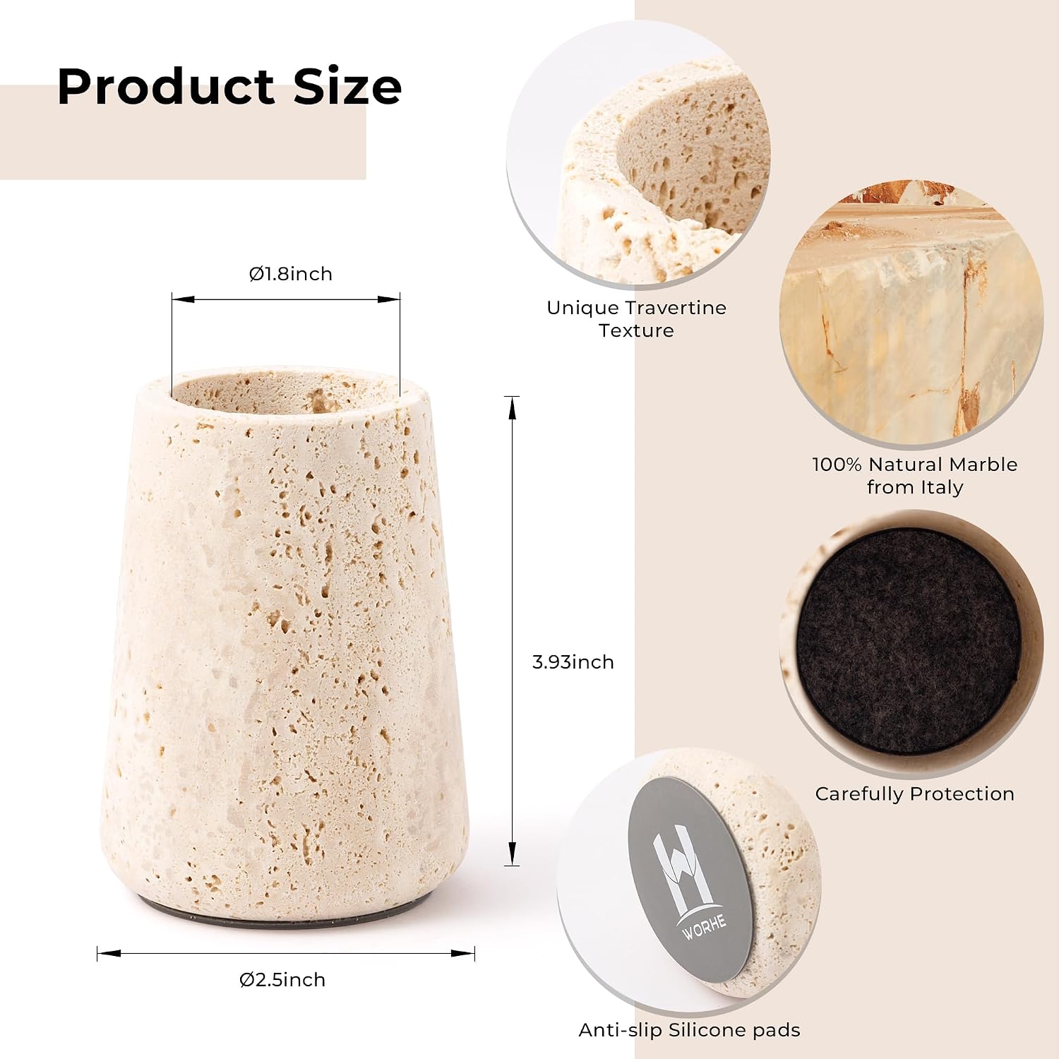 Travertine Match Holder with Striker & Extra Striker Pad - 2.9" x 3.9" Large Decorative Matchstick Organizer for Fireplace, Candles, Parlor Match Jar for Home Decor Gift, Matches Not Included