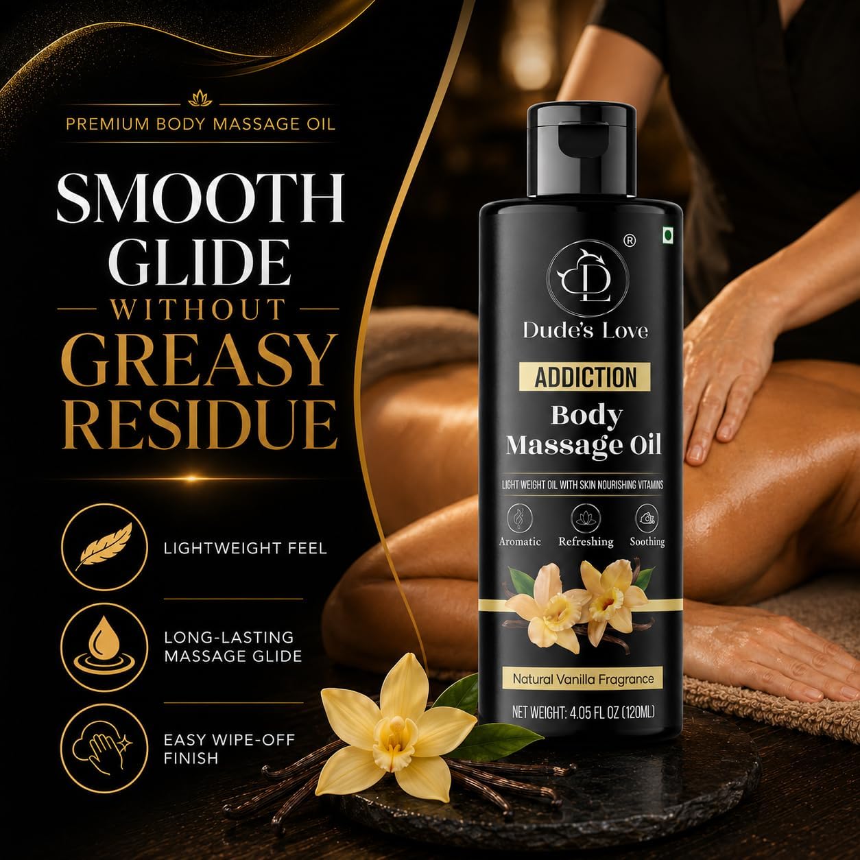 Vanilla Body Massage Oil Organic Non-Sticky Formula with Fractionated Coconut Oil, Vanilla & Jasmine Oil -Light Moisturizing Massage Therapy - 4.05 Fl Oz