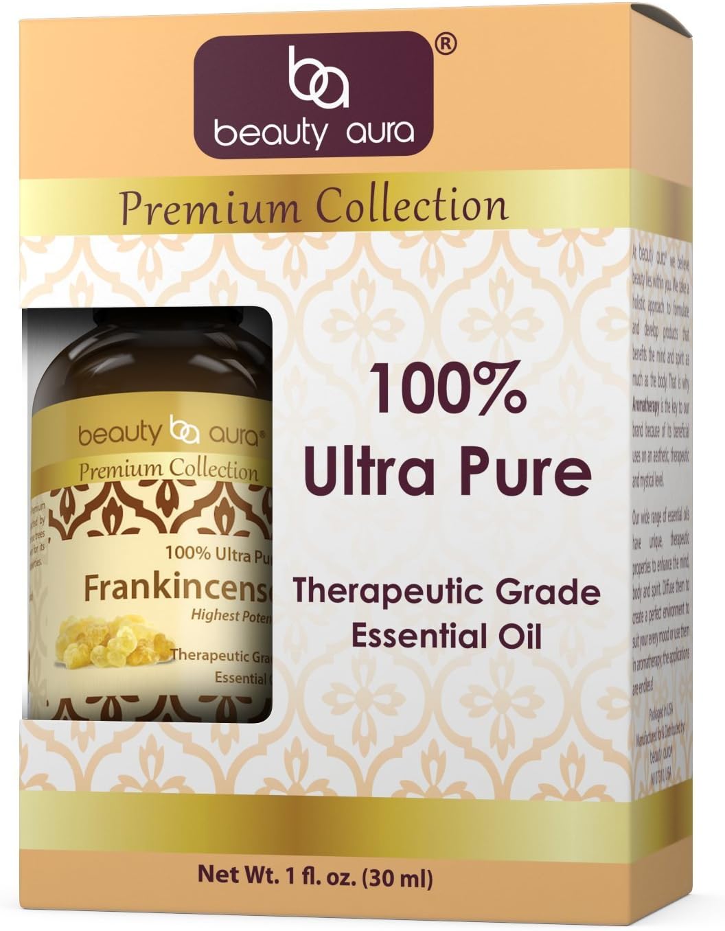 Beauty Aura Premium Collection Ultra Pure Frankincense Essential Oil - 1 Oz Bottle - Steam Distilled from Sacred Boswellia Tree Resin - Use for Beauty Care, Massages & More