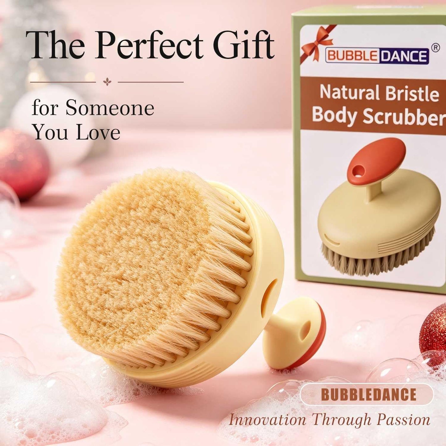 BUBBLEDANCE® Pebble Base Dry Brush - Large Dense Boar Bristles, Rust-Proof | Pebble base & football grip. Copper nails. Fast-Drying. Dry & wet use. Large dense brush for exfoliation & smooth skin