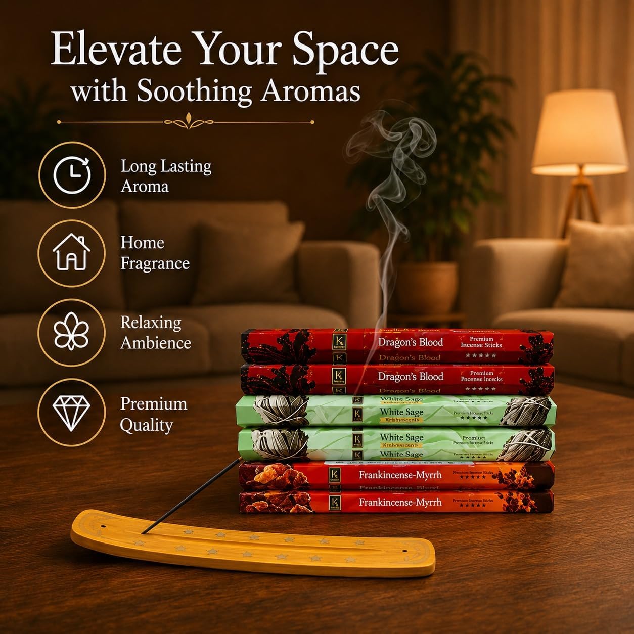 Incense Sticks Variety Pack | Dragon’s Blood, Frankincense & Myrrh & White Sage -120 Sticks | with Free Wooden Holder | Smudging Kit for Home Fragrance, Meditation & Yoga | Krishnascents