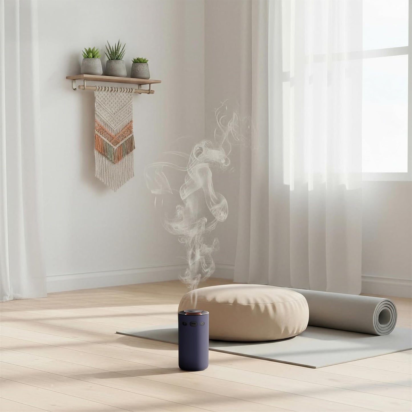 Aromabot Waterless Essential Oil Diffuser, Smart Portable Nebulizing Waterless Diffuser for Car, Home, or Office – Dual Mist Modes, Comfort Fabric Wrapping Process, Rechargeable Battery, LED Light
