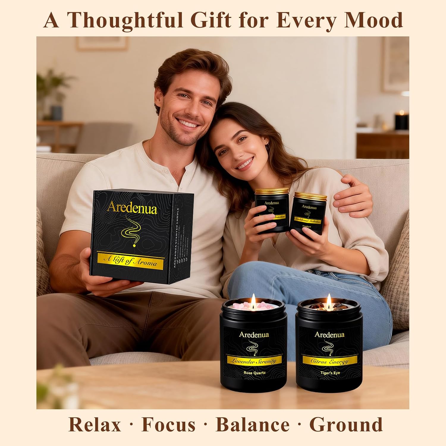 Scented Candles Set, 4 Pack Crystal Healing Candles with Rose Quartz Amethyst Tiger Eye Obsidian, 7oz Natural Soy Wax Candles, Lavender Citrus Sandalwood Cedar, Meditation Gifts for Women Men