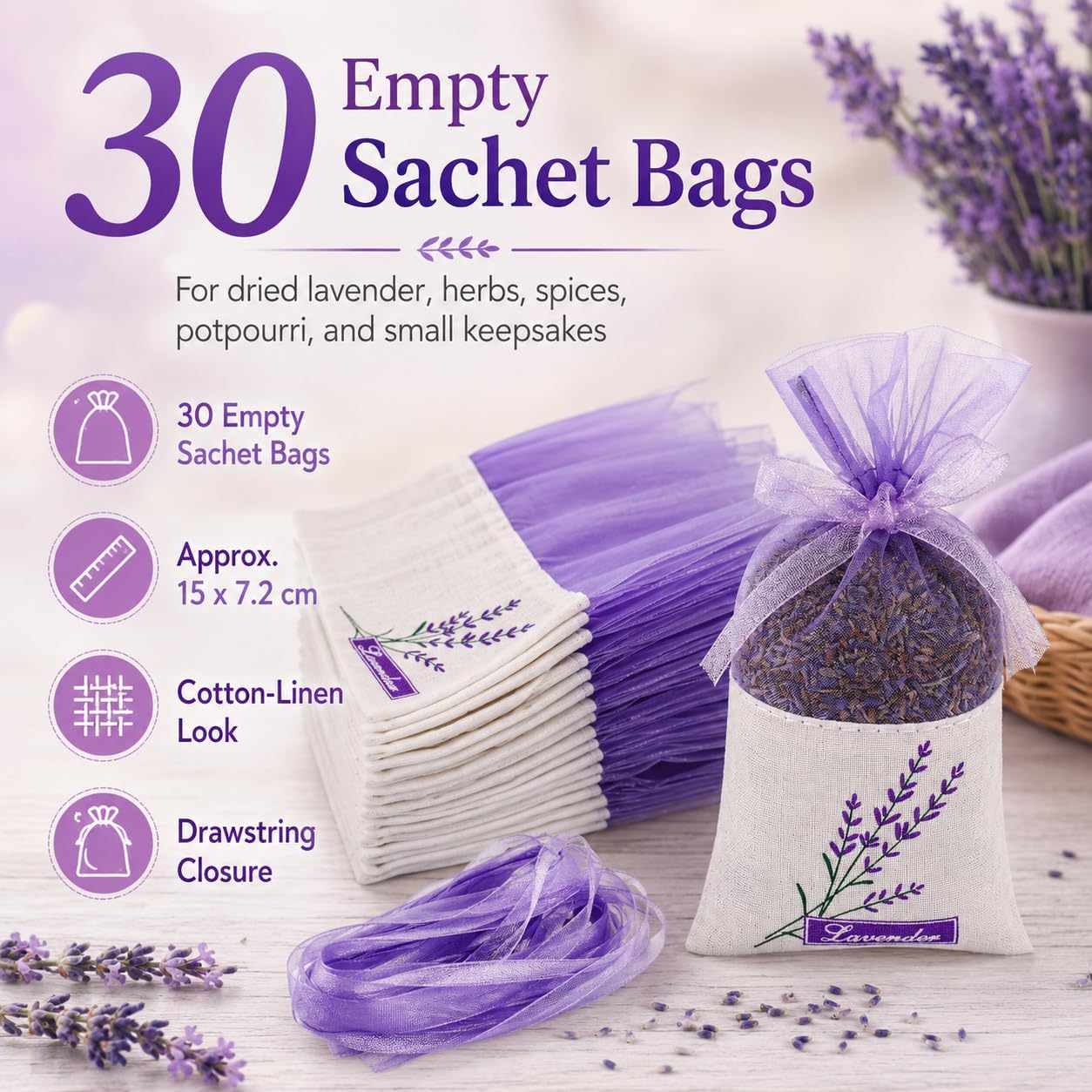 Garneck 30pcs Sachet Bags: Empty Lavender Sachet Bags with Drawstring Cotton Linen Pouch for Spices Lavender Buds Jewelry Wedding Party Decor DIY Craft
