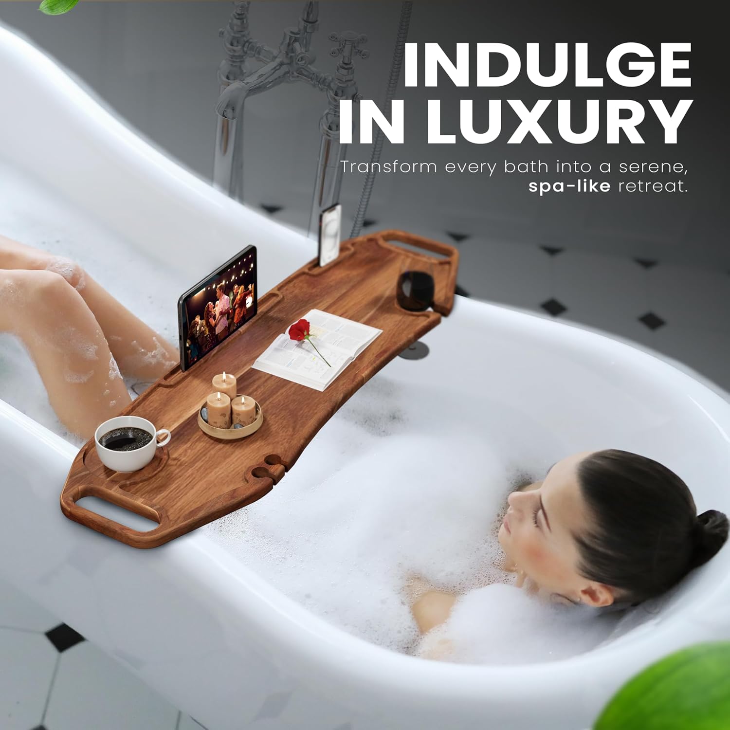 Premium Bathtub Tray Large 35x10 Inch, Acacia Wood Luxury, Waterproof, Non-Toxic, Adjustable Legs, No Tools Required,Caddy Tray,New Home Essenials Make sure to measure before 35 Inch Long