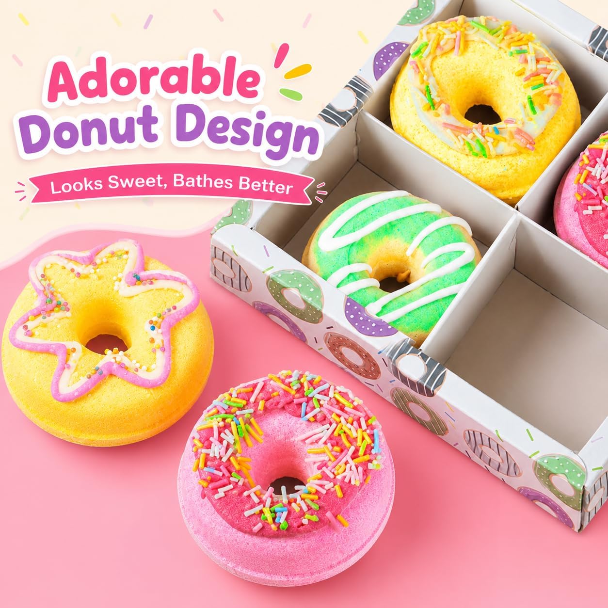 Bath Bombs Gift Set, Donut Bath Bombs for Women, 4 Pack Natural Bubble Cute BathBombs, Ideal Present for Her Mom Women Kids Girls Girlfriend, Birthday, Mothers Day, Valentines, Christmas