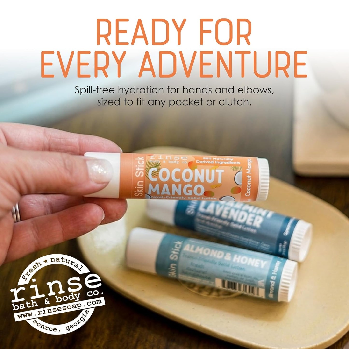 Rinse Bath & Body Coconut Mango Solid Lotion Stick - Natural Lotion Bar with Shea & Cocoa Butter, Deep Moisturizing Travel Skin Stick, Beeswax, Apricot & Avocado Oil, Handmade, 0.5 oz