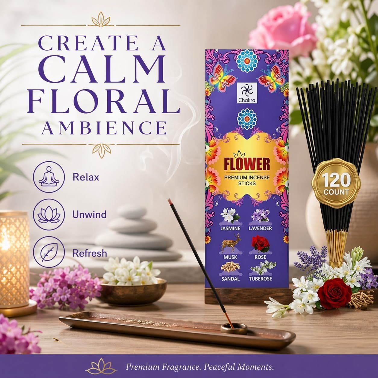 6-Scent Incense Sticks Variety Pack – 120 Count | Jasmine, Lavender, Musk, Rose, Sandalwood & Tuberose | Long-Lasting Aroma for Meditation & Home Use | chakra