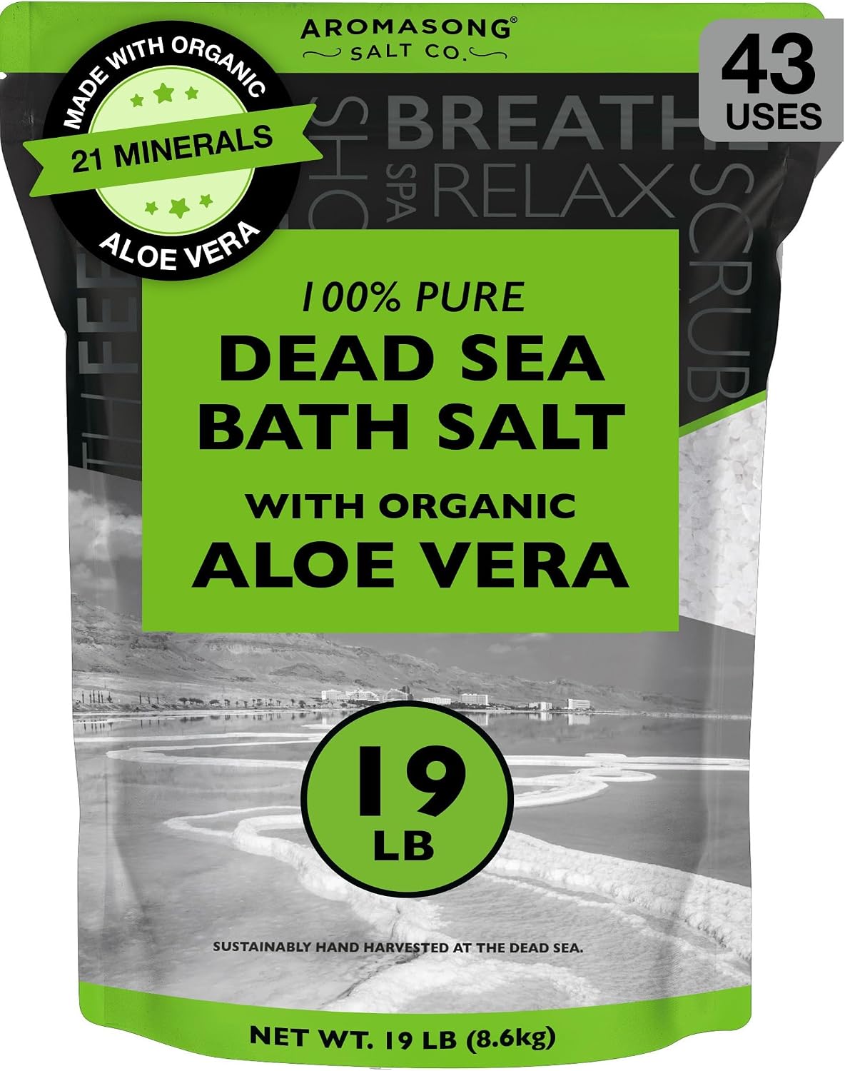 Aromasong Dead Sea Salt with Organic Aloe Vera, Spa Bath Salts, 19 Lbs Fine Bulk resealable Pack, 100% Pure & Natural, Soak for Women & Men for Tired Muscles & Skin Issues (Packaging May Vary)