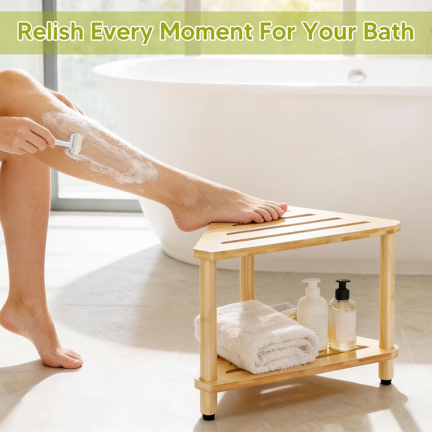 Bamboo Corner Shower Stool with Soap Dish, Waterproof Bath Bench Seat for Shaving Legs Inside Shower, 2-Tier Height Adjustable Foot Rest with Storage Shelf, Corner Bench for Women