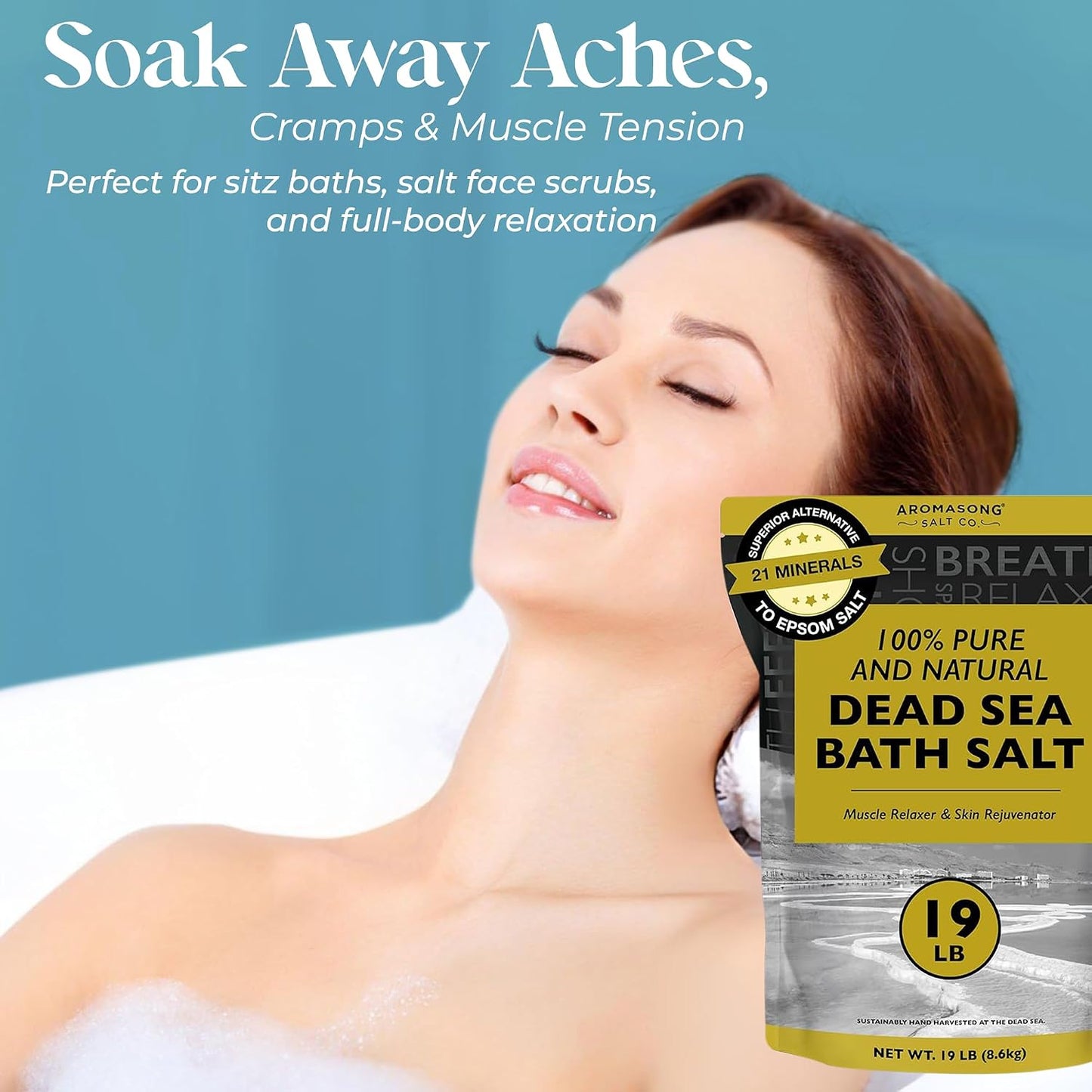 Aromasong Dead Sea Salt - Spa Bath Salt - 19 Lbs Fine Grain Bulk - 100% Pure - Better Absorbing Than Epsom Salt - Soak for Women & Men for Skin Issues and to Relax Tired Muscles - Resealable Pack.