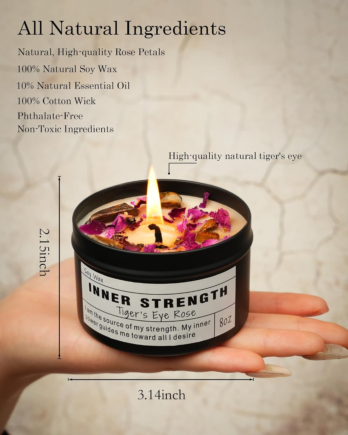 Inner Strength Soy Candle, Vegan Confidence, Focus Crystal, Empowerment Intention Gift, Grounding Meditation Candle. (8oz)