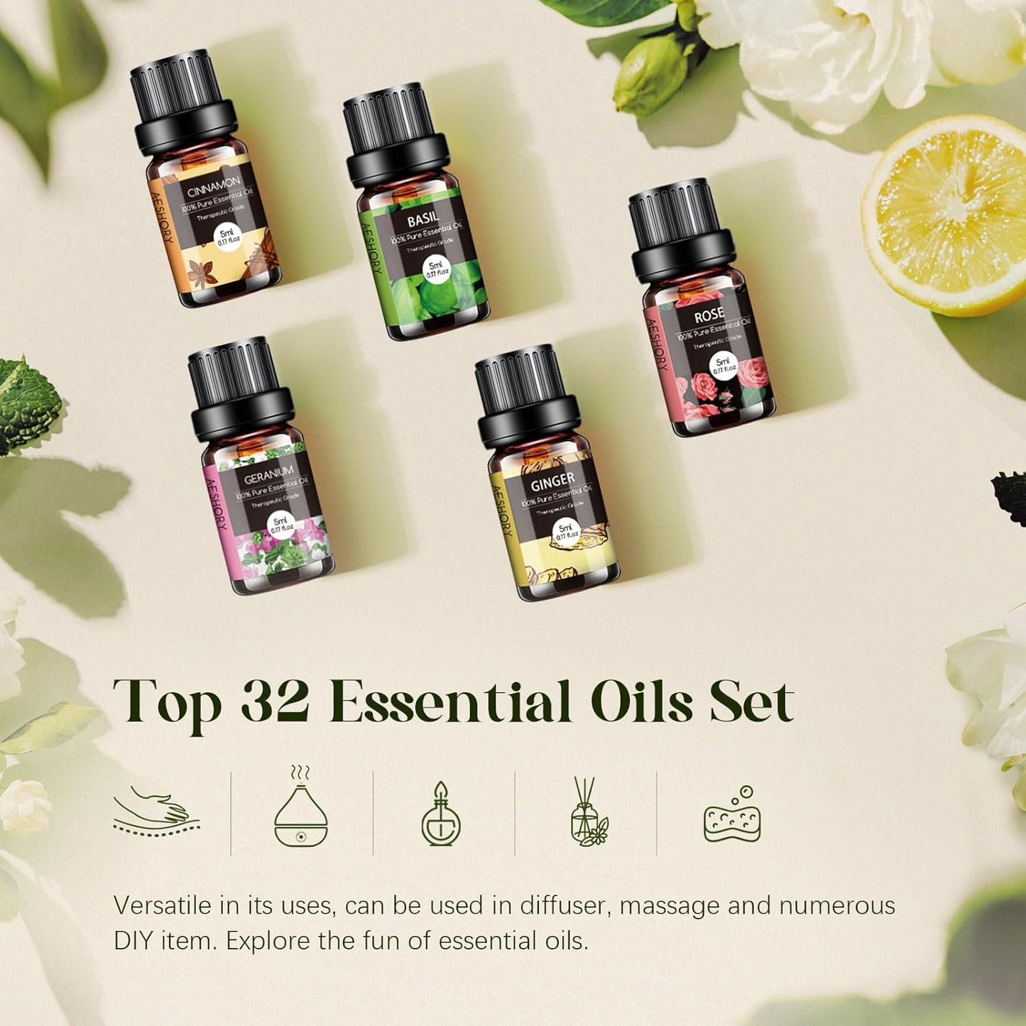 Essential Oils Set - 32x5ml Pure Aromatherapy Essential Oils Kit for Diffuser, Humidifier, Aromatherapy, Massage, Skin & Hair Care - Lavender, Tea Tree, Eucalyptus, Sandalwood, Peppermint, Rosemary