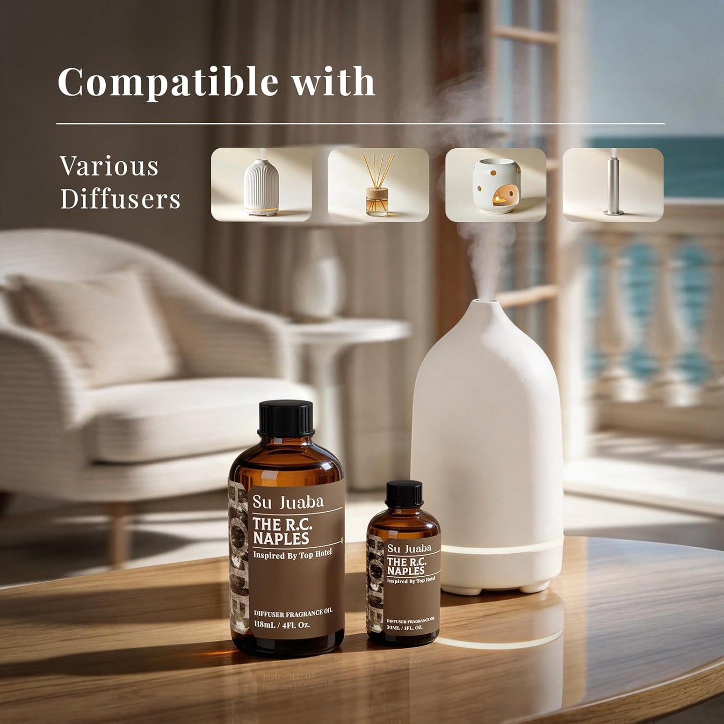 SU JUABA Naples Hotel Diffuser Oil - Inspired by the Ritz Carlton Luxury Beachfront Resort - Geranium Ocean Freesia, Fragrance Oil for Scent Diffuser & Crafting, 1Fl Oz