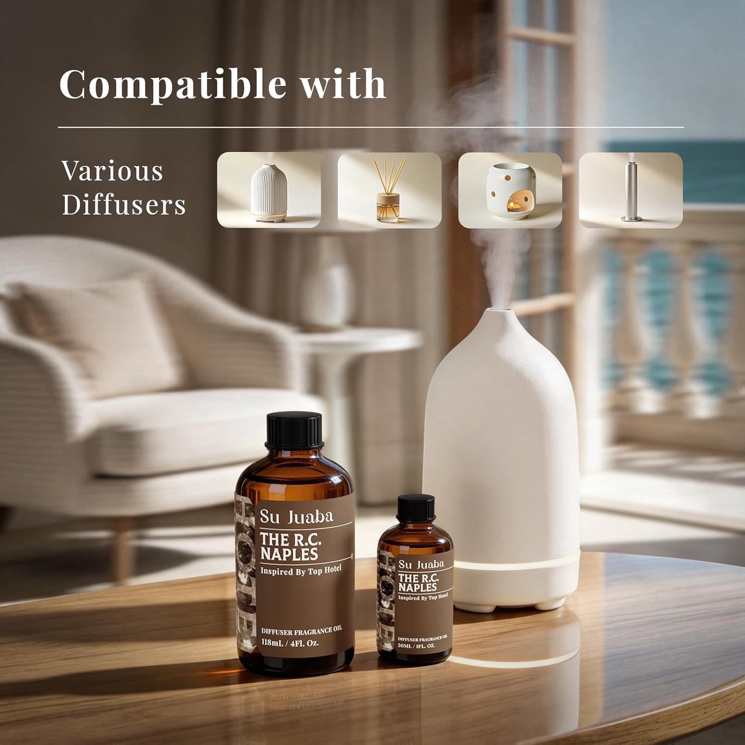 SU JUABA Naples Hotel Diffuser Oil - Inspired by the Ritz Carlton Luxury Beachfront Resort - Geranium Ocean Freesia, Fragrance Oil for Scent Diffuser & Crafting, 1Fl Oz